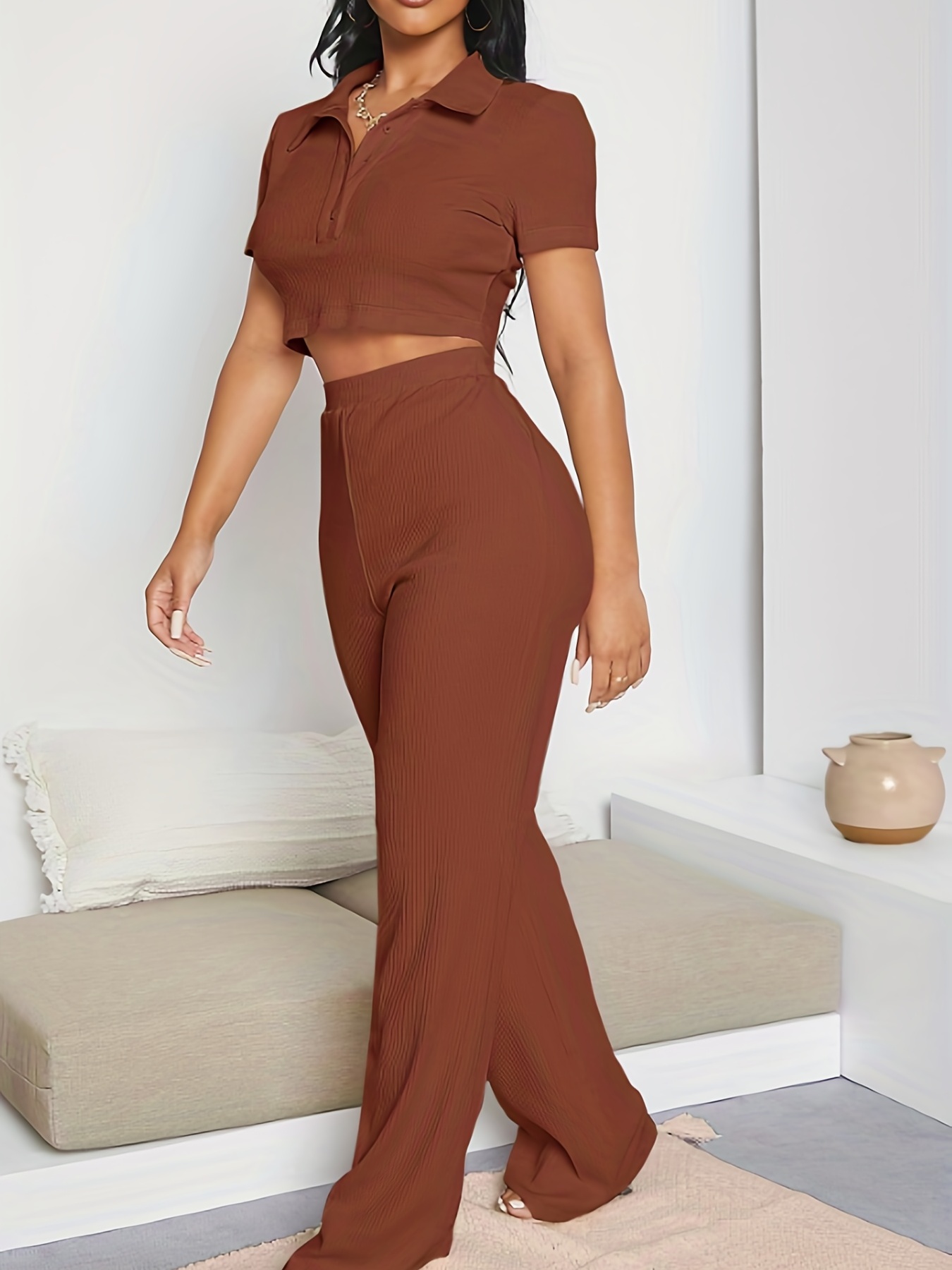 High Waist Short Sleeve Casual Two-piece Set