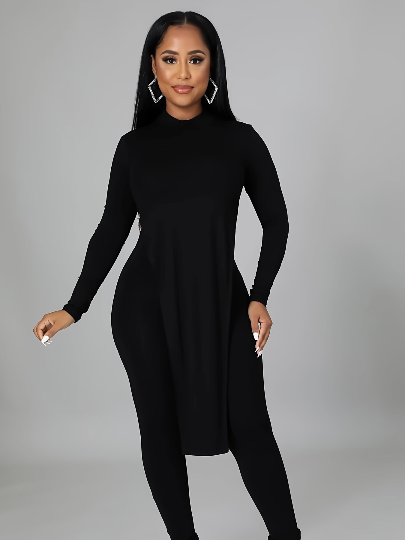 Plus Size Sexy Outfits Set Women's Plus Solid Long Sleeve - Temu Oman