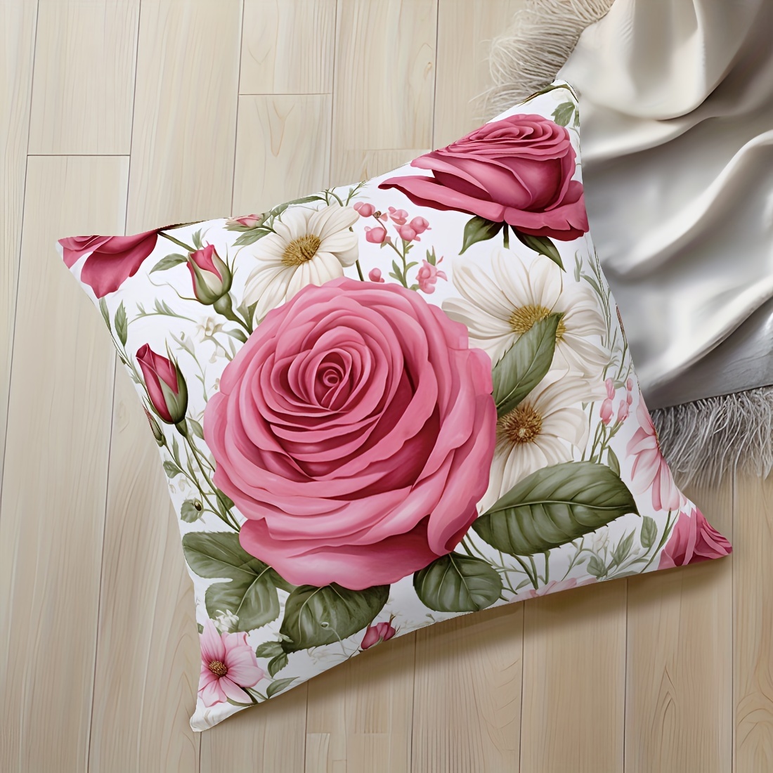 

1pc/4-pack Contemporary Style Daisy & Rose Floral Design Peach Skin Velvet Throw Pillow Cover, Comfortable Home Cushion Case For Living Room Bedroom Sofa, 45cm (17.71in) - No Insert Included