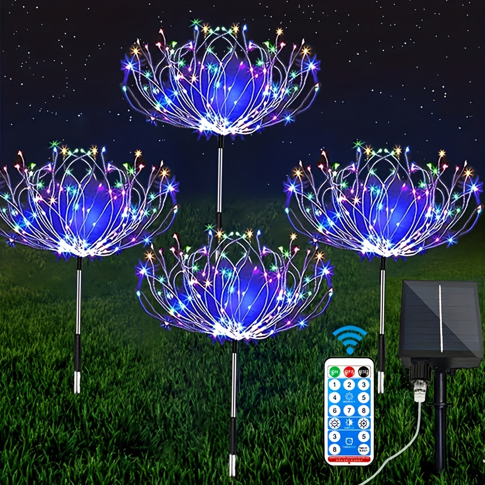 Lot de 4 lampes solaires de jardin d'extérieur 480 LED - Feux d'artifice -  Étanches - 8 modes d'éclairage avec télécommande - Pour terrasse, fête de