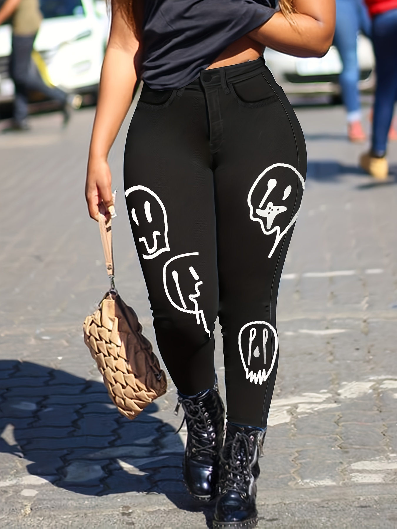 Black Halloween Printed Skinny Jeans Slim Fit stretch - Temu