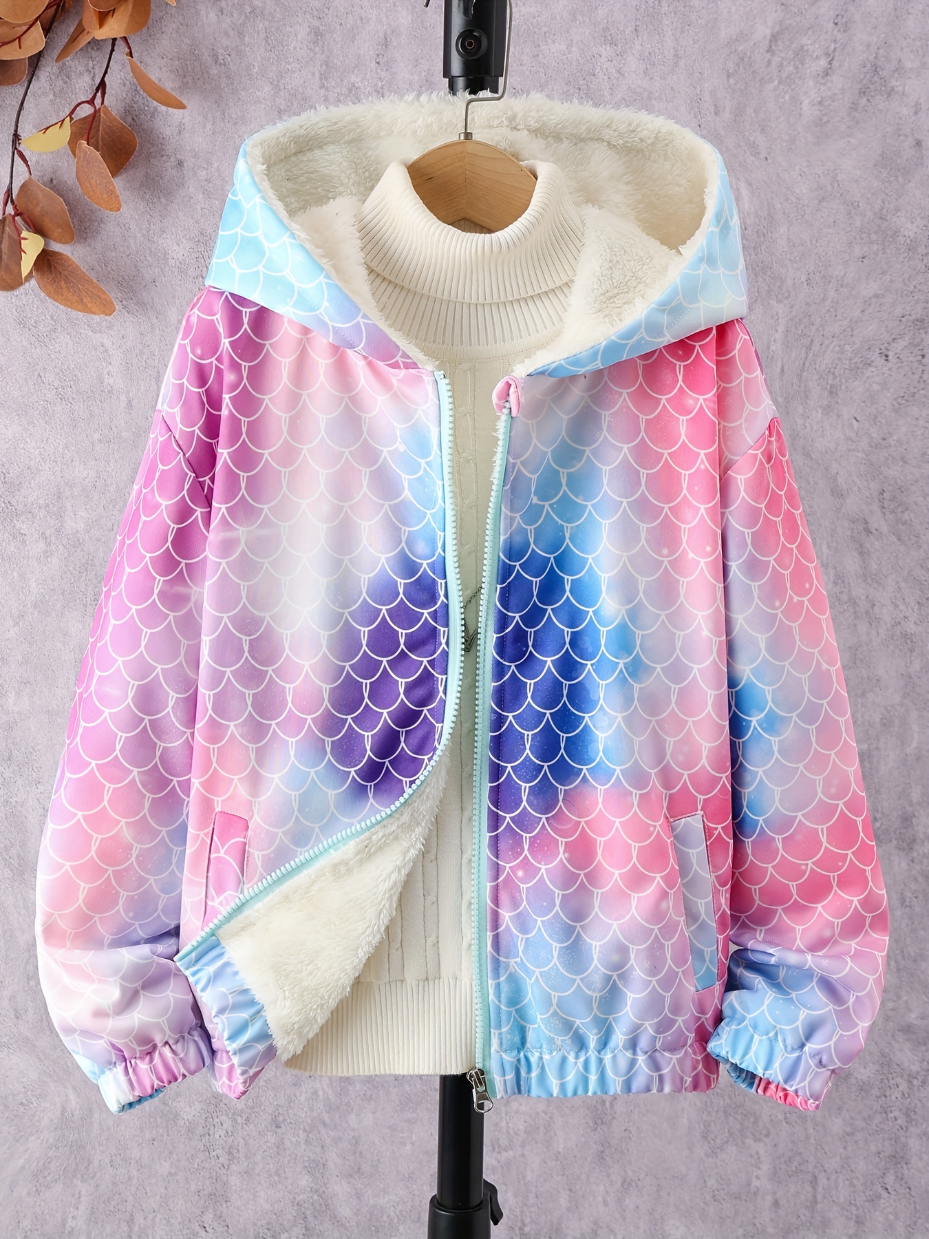 Girls Adorable Fish Scales Print Fleece Lined Warm Zipper - Temu