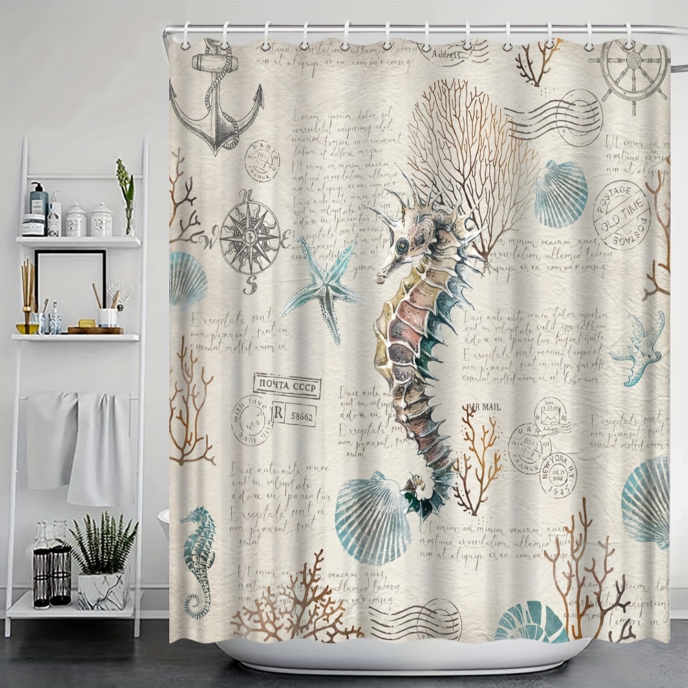 1pc Seahorse Seashells Coral Pattern Shower Curtain With 12 - Temu