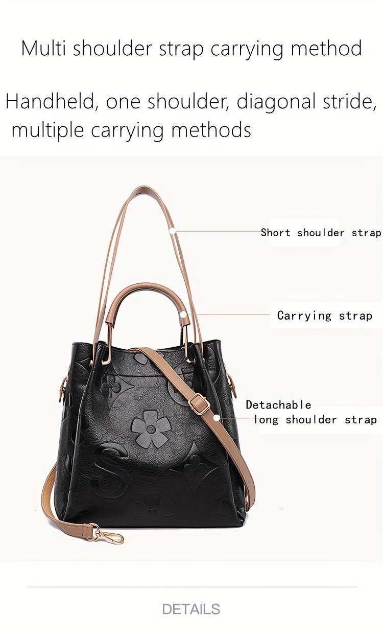 Elegant Flower Embossed Handbag, Fashionable Satchel Bag For Work