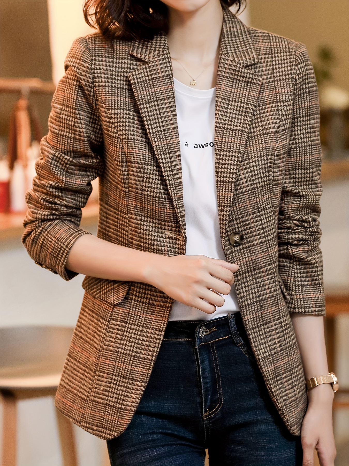 Lolmot Ladies Fashion Casual Plaid Lapel Button Long Sleeve Short Jacket 