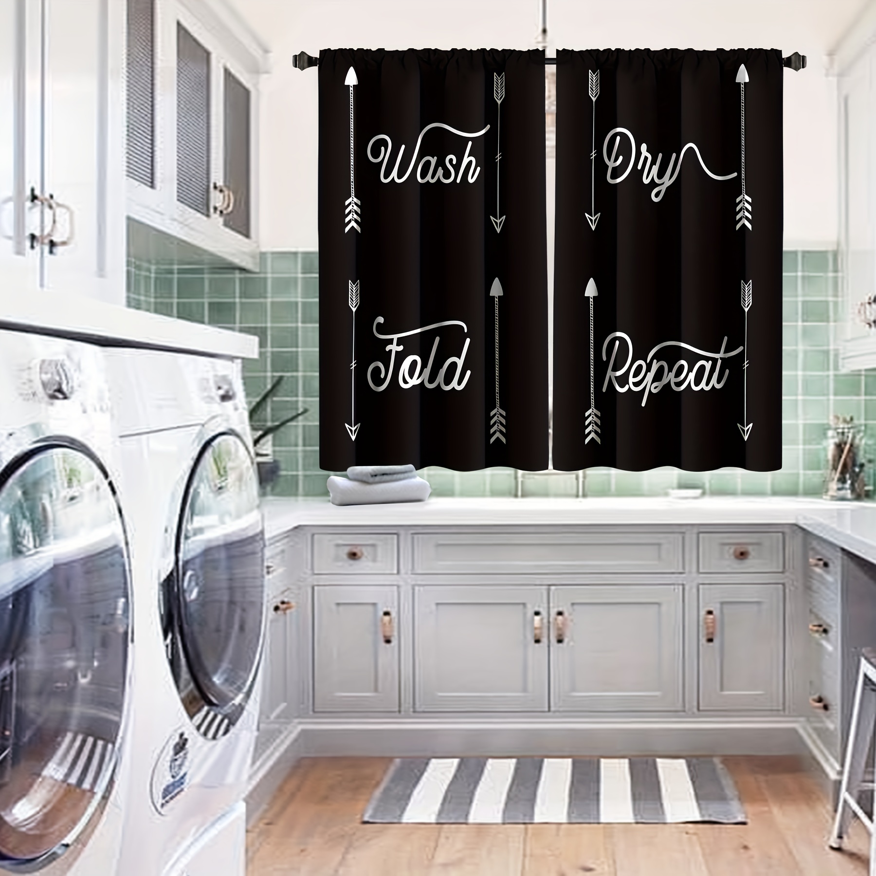Rustic Black Laundry Curtains With Pocket Rod - Wash, Dry, And Fold Repeat  - Polyester Window Treatment For Bedroom, Office, Kitchen, Living Room, And  Study - Home Decor - - Temu