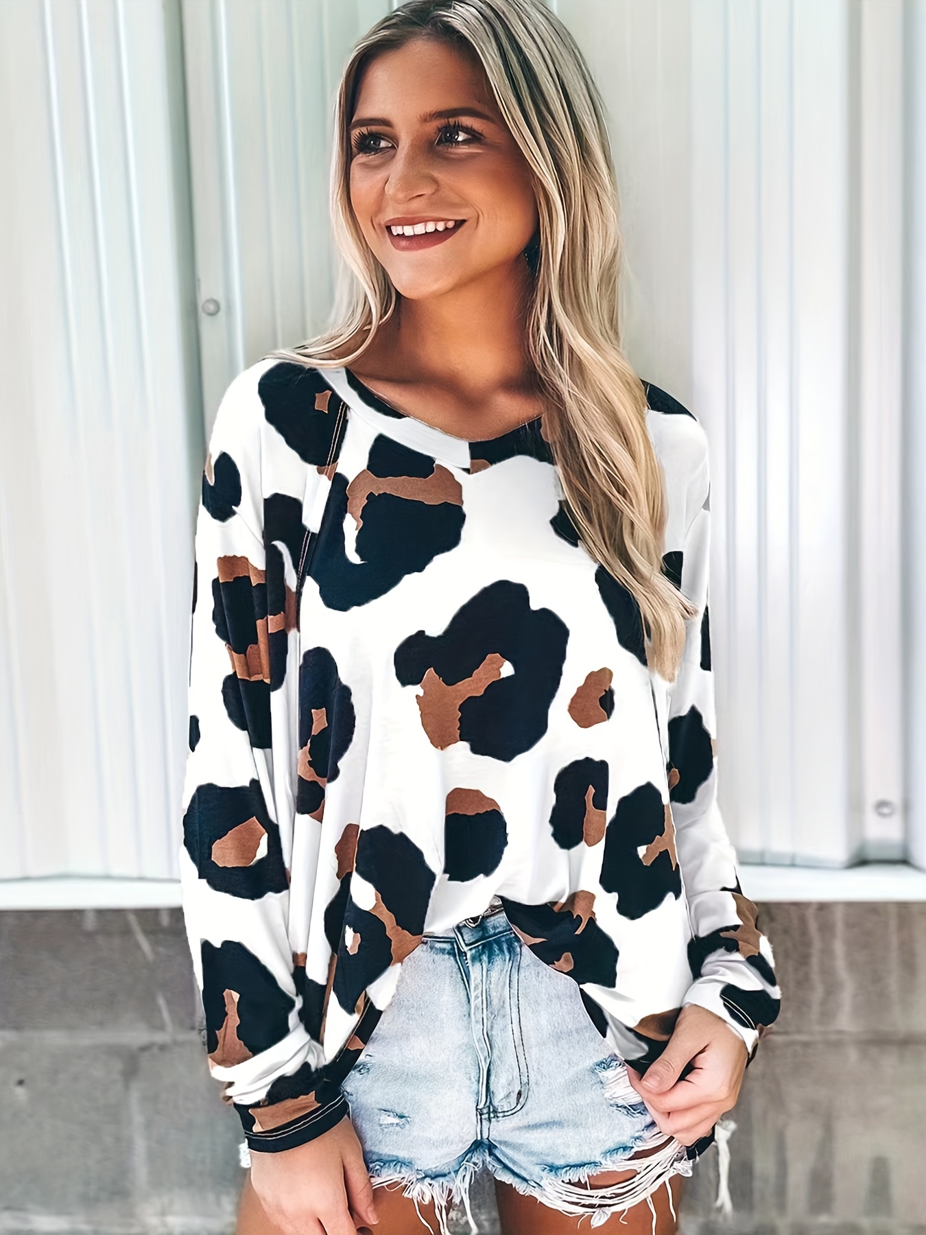 Women's Leopard Deep V Neck Fashion Designer Long-Sleeve Tops