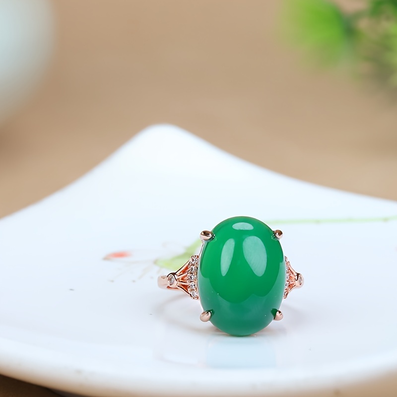 

1pc Inlaid Green Jade Stone Ring Agate Finger Ring, Rose Golden Ring