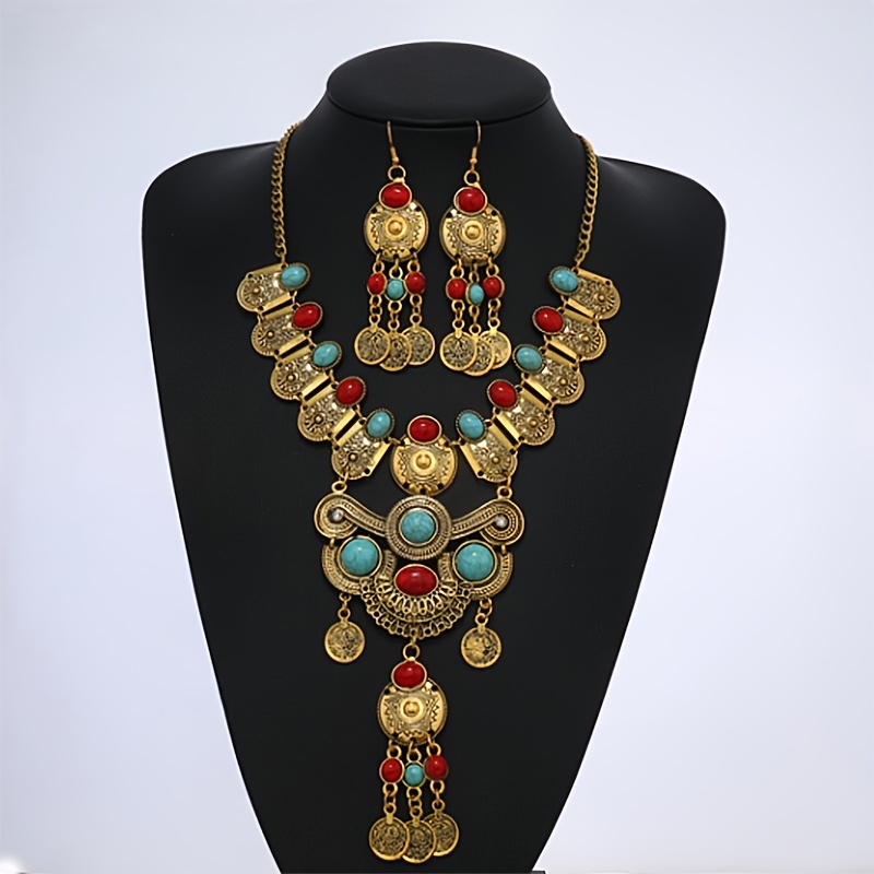 

1 Pair Of Earrings + 1 Necklace Vintage Jewelry Set Retro Coin Design Match Daily Outfits Party Accessories Pick A Color U Prefer