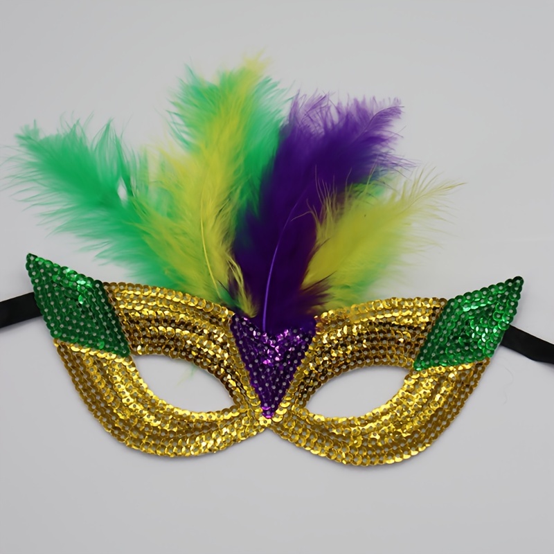 1pc, Mardi Gras Mask, Golden Purple And Green Feathers Masks