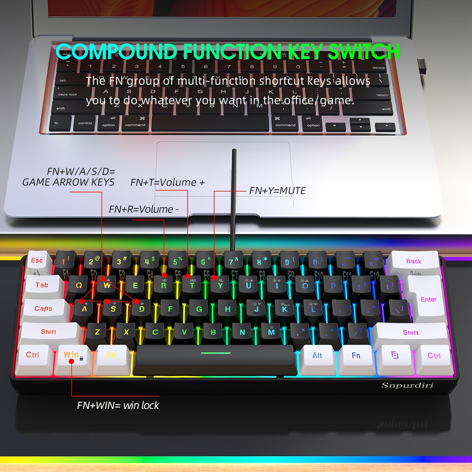 SNPURDIRI 60% 有線ゲーミングキーボード、小型 RGB バックライト付きメンブレンゲーミングキーボード、超コンパクトミニ防水キーボード  PC コンピュータゲーマー用 ホワイトとブラック