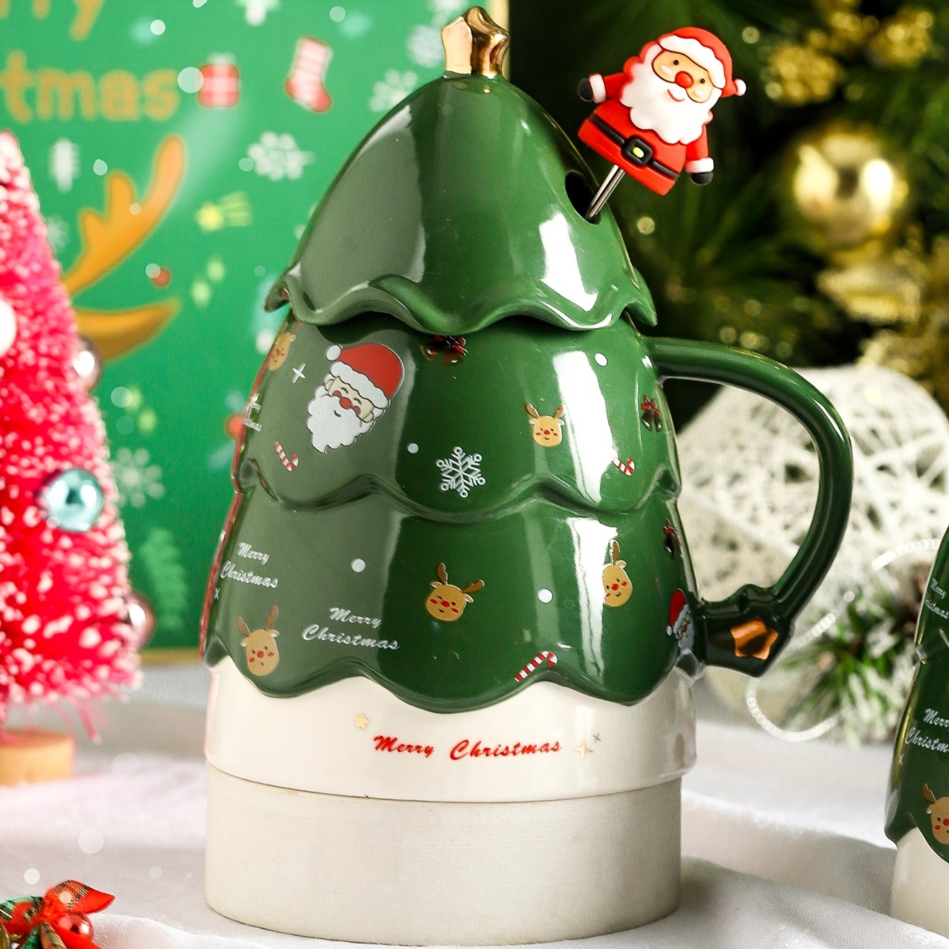 1pc 400ml/13.4oz Ceramic Christmas Mug With Lid, Christmas Tree & Santa  Claus Pattern, Large Capacity Coffee Cup