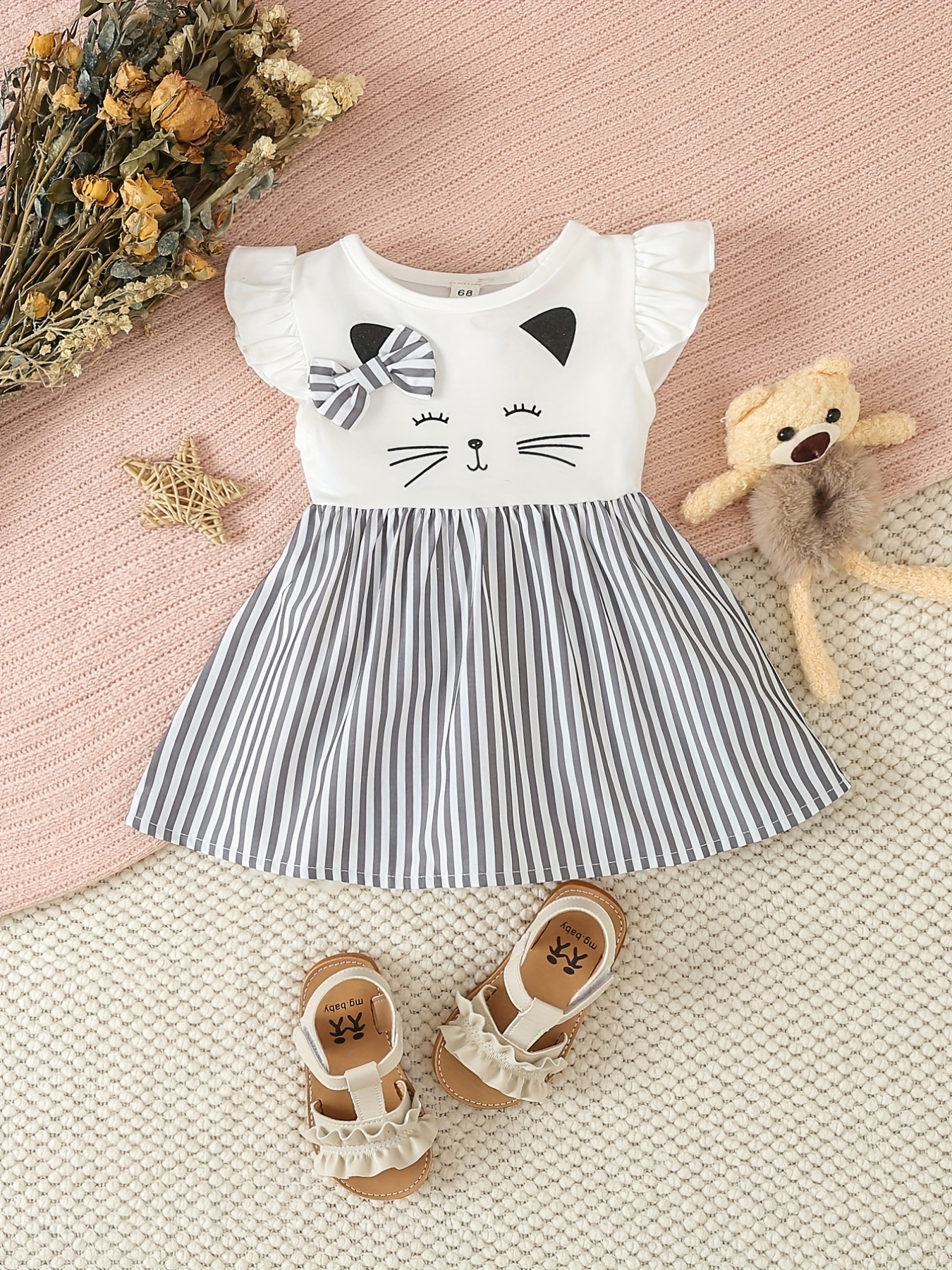 Baby Girl Cute Cartoon Graphic Bow Striped Flutter Sleeve Dress