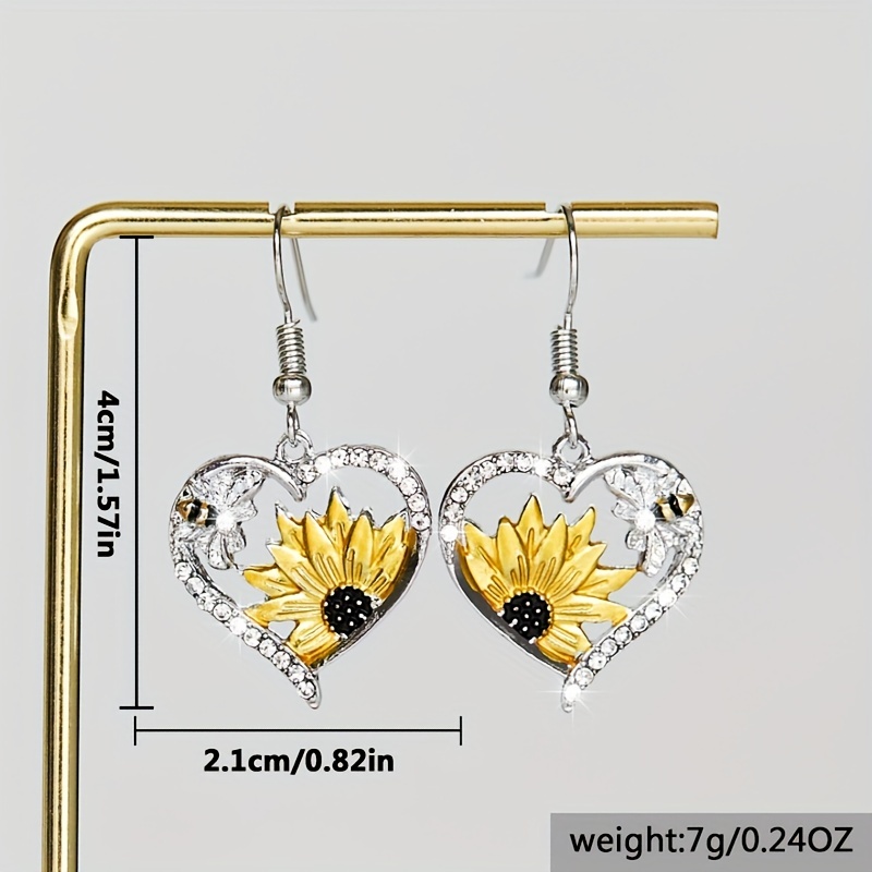 hollow heart shape with sunflower bee decor retro boho hook earrings alloy zircon jewelry trendy gift
