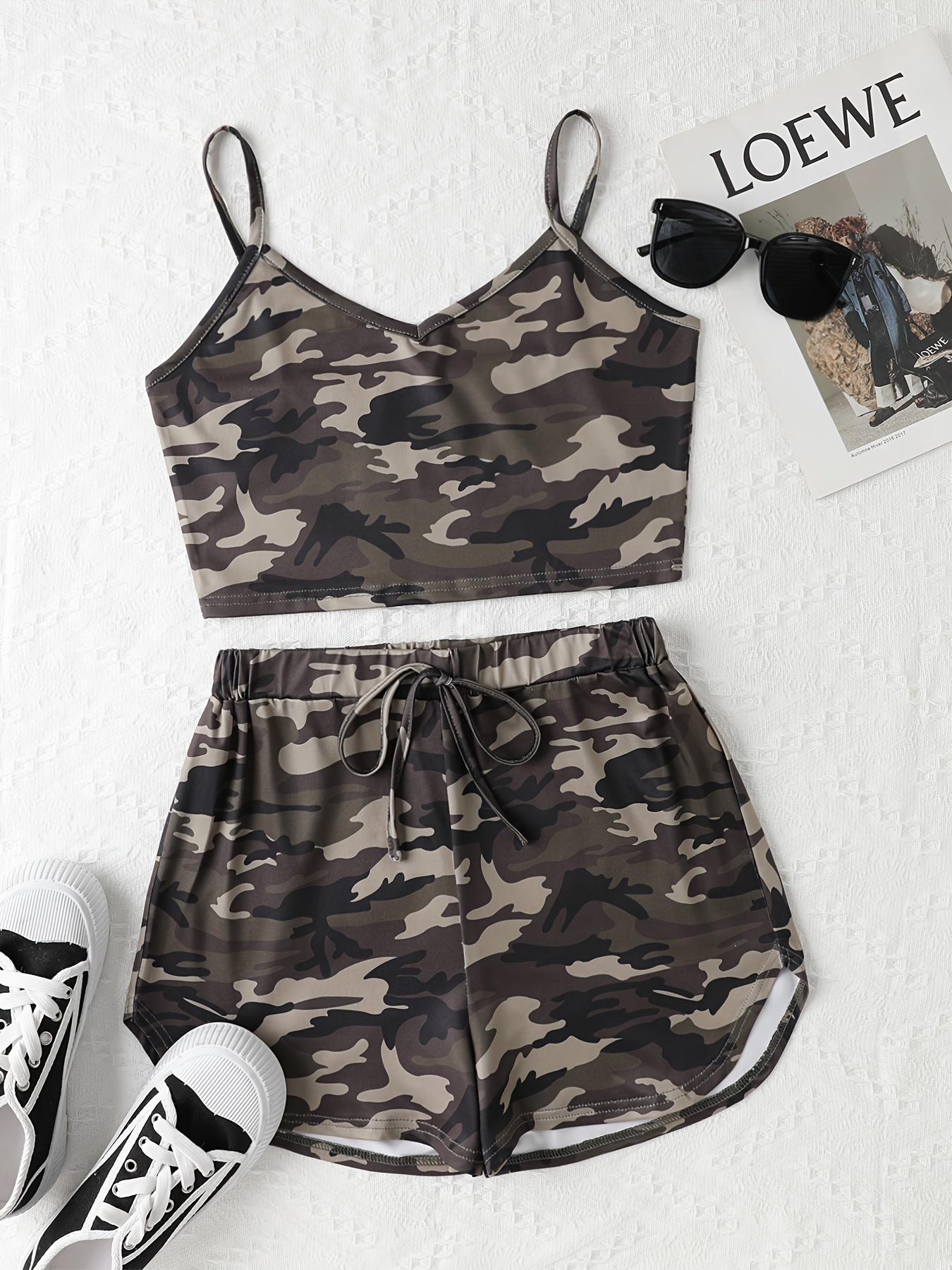 Camo Print Casual Two-piece Set, Crop Cami Top & Cropped Leggings Outfits,  Women's Clothing