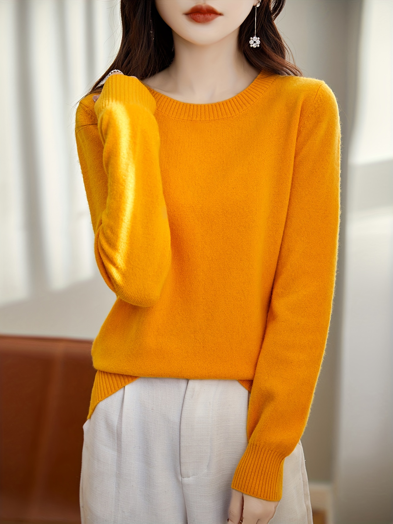 solid crew neck wool pullover sweater elegant long sleeve cozy sweater womens clothing orange red 2