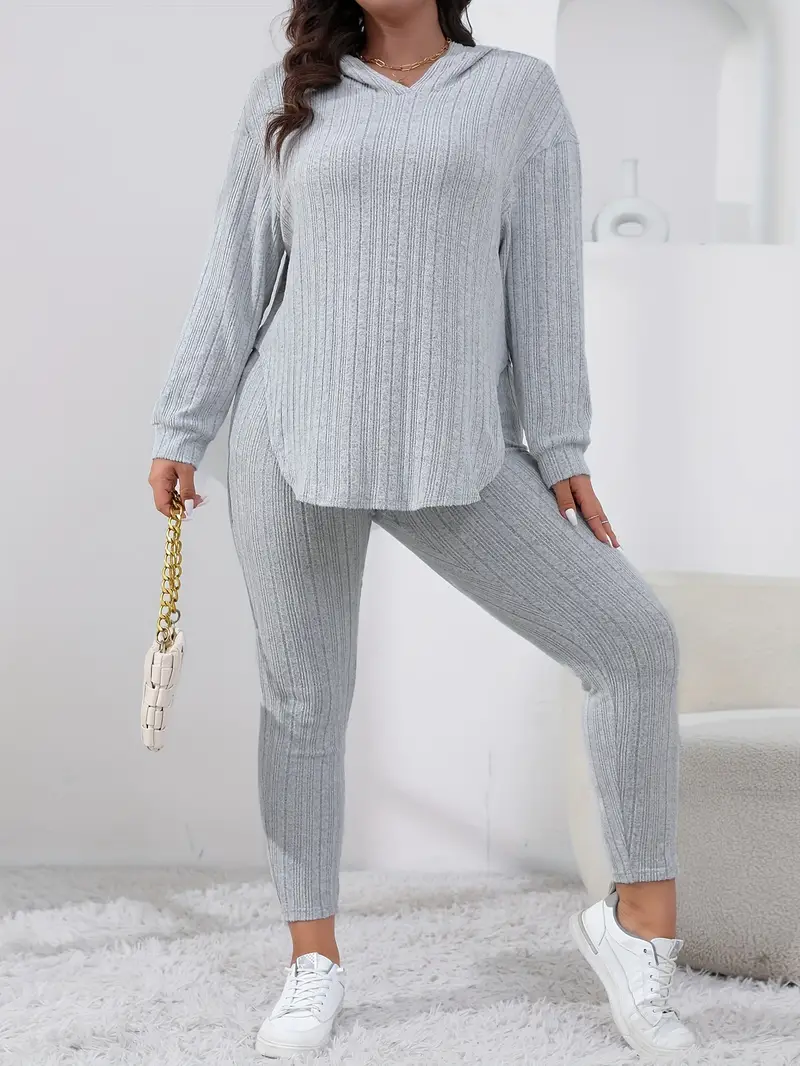 plus size casual outfit set womens plus solid long sleeve curve hem ribbed knit hoodie leggings outfits two piece set details 2