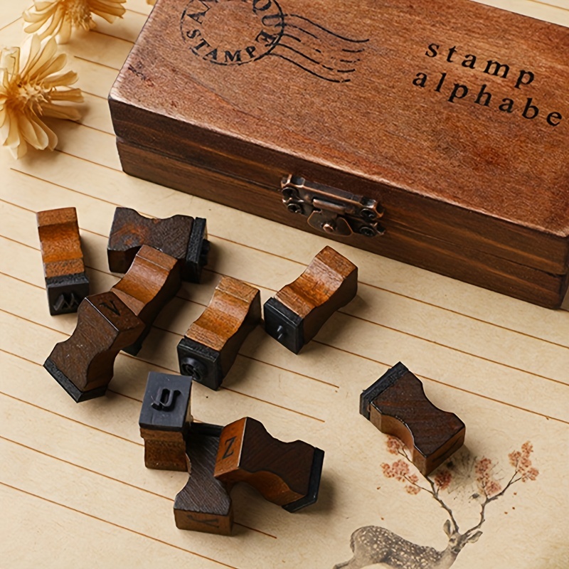Alphabet Stamps 70 PCS Vintage Wooden Rubber Letter Number Alphabet  Combination Letter Stamp Diary Ablum Wedding Letter Wood Rubber Stamp Set  with Vintage Wooden Box Gift (Cursive Writing) 