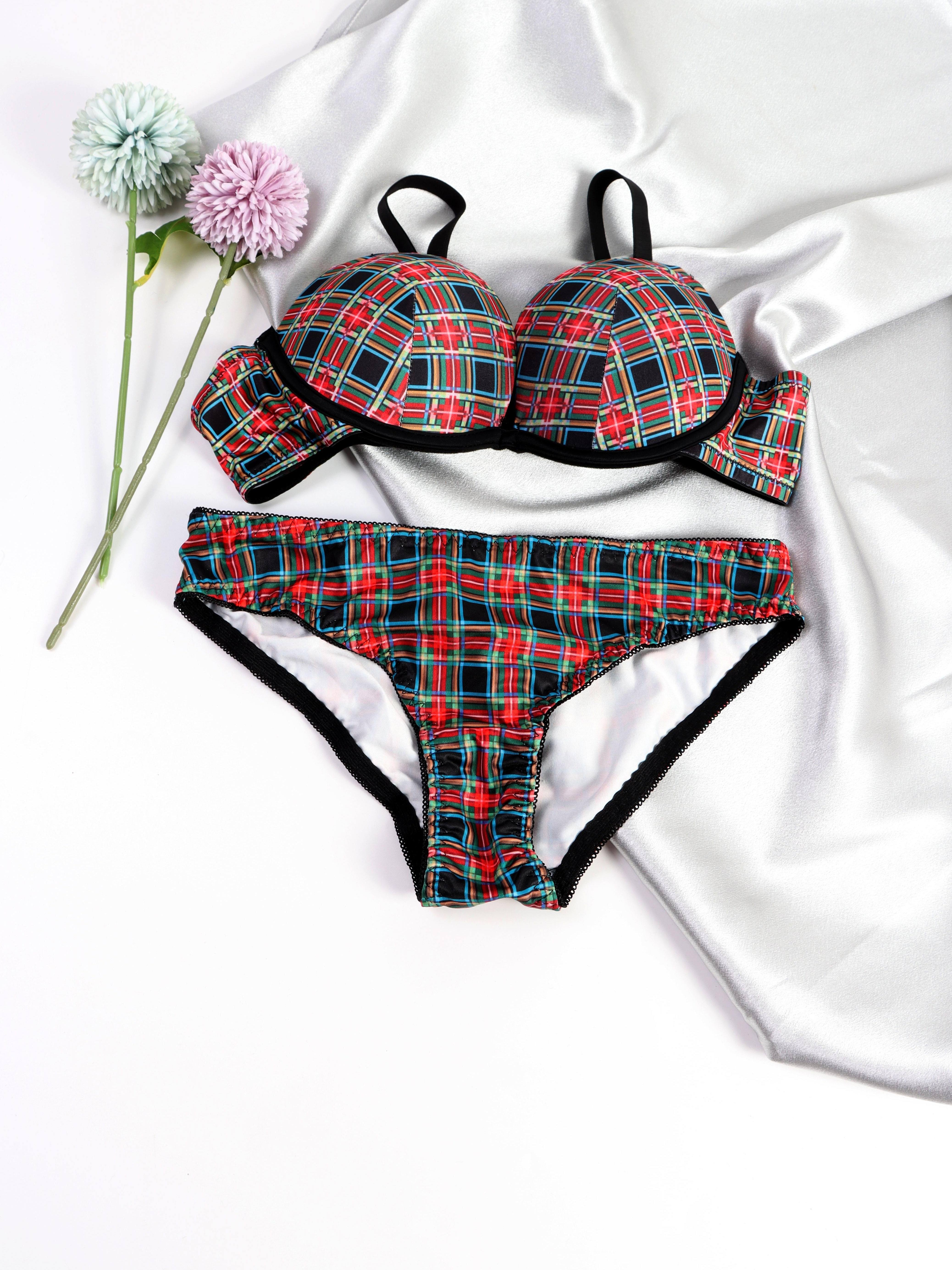 Colorblock Plaid Bra & Panties, Push Up Bra & Elastic Panties Lingerie Set,  Women's Lingerie & Underwear
