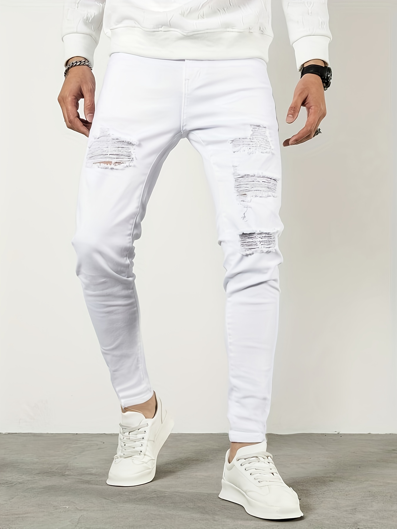 White Ripped Design Slim Fit Jeans Men's Casual Street Style