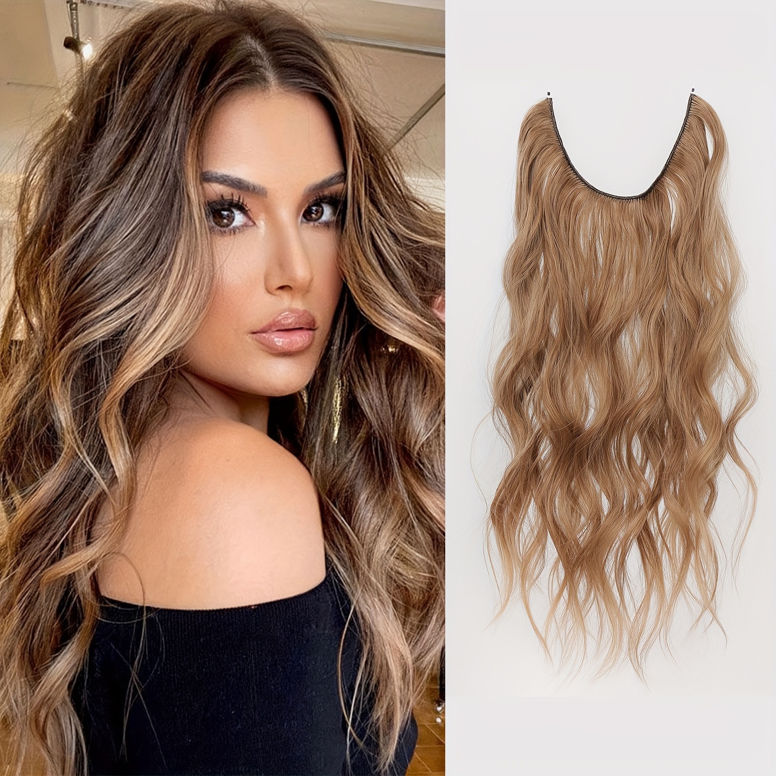 Invisible Wire Hair Extension with Adjustable Size Transparent Headband Long Curly Wavy Synthetic Hair Light Brown Mix Blonde Long Wavy Secret Hair
