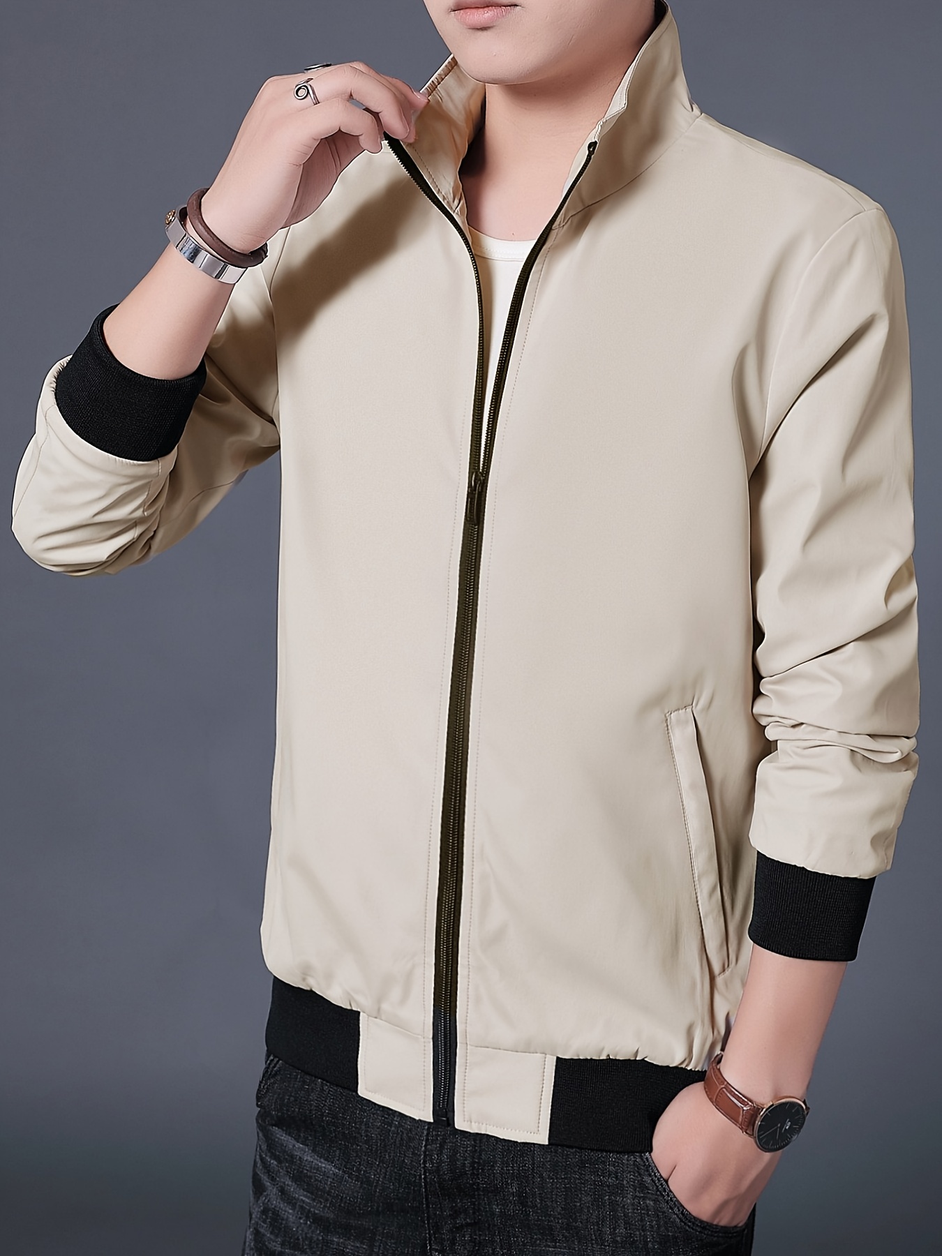  Chaqueta casual para hombre, cuello alto de otoño