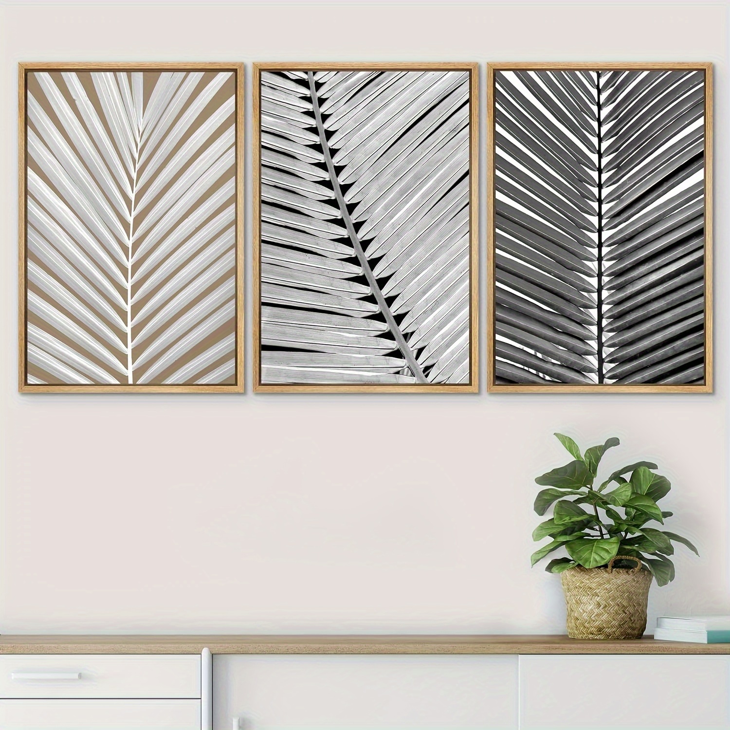 Lot de 3 affiches sur toile - Motif : feuille de plantes - Noir -  Impression moderne - Décoration murale - Peinture