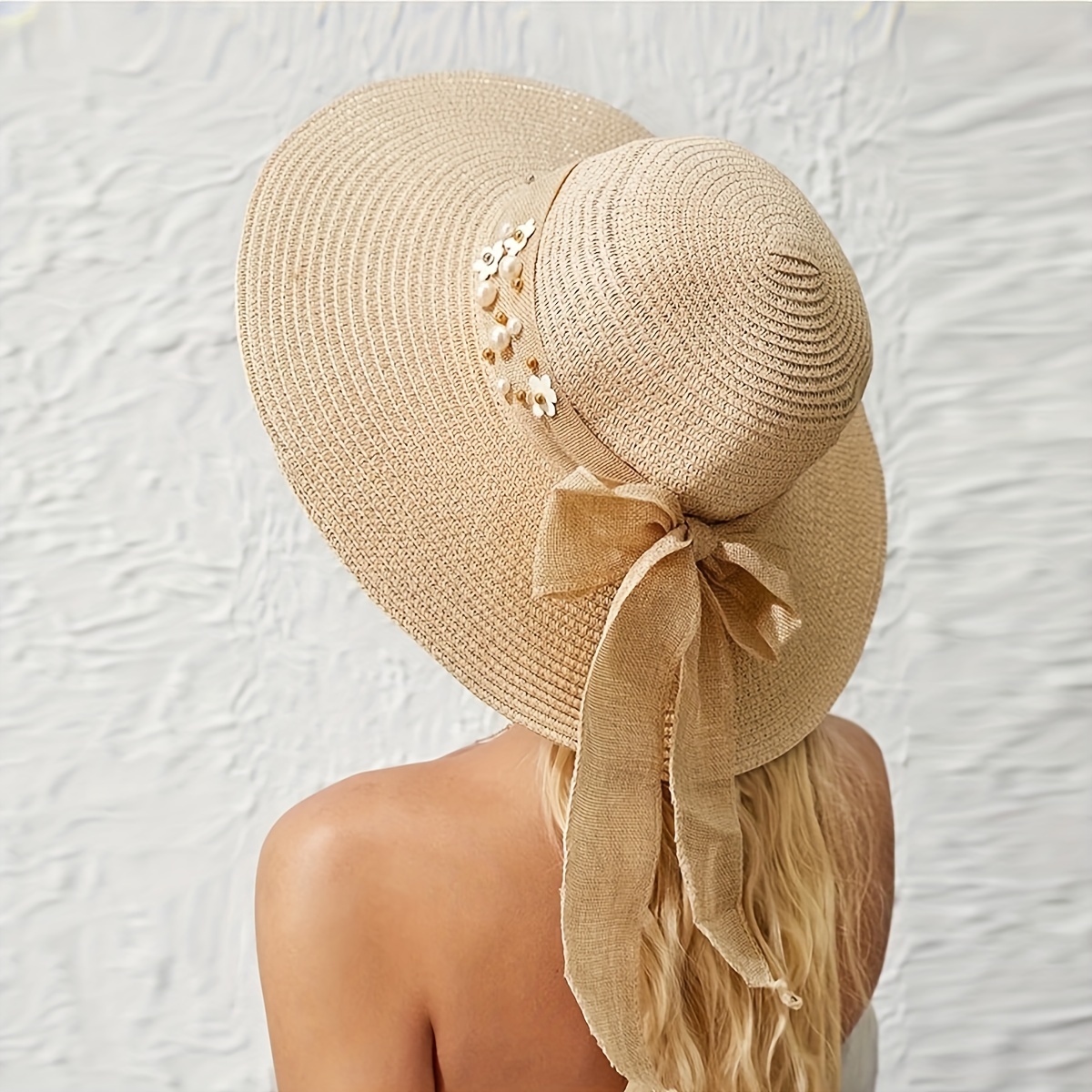 Solid Color Bowknot Straw Hat Elegant Wide Brim Breathable - Temu