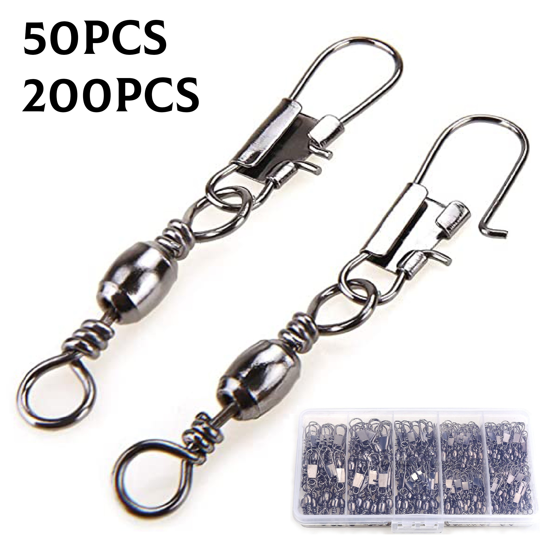 50/200pcs Premium Fishing Snap Swivels with Ball Bearing Connectors - Quick  Connect Fishing Lures with Black Nickel Copper Finish (26-132lb)