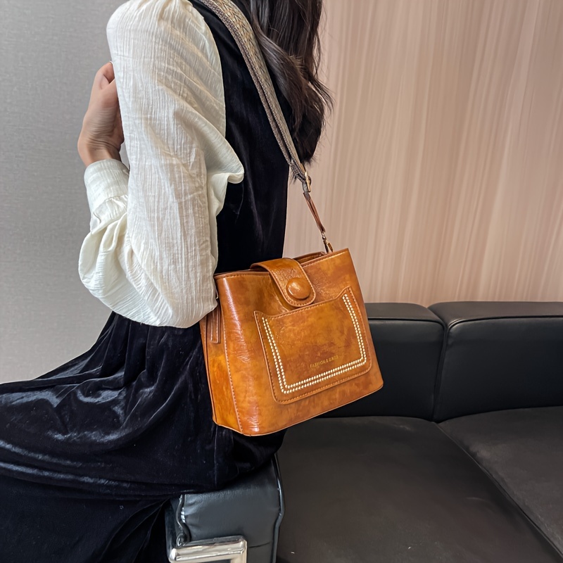 Pu Soft Leather Crossbody Bag, Retro Style Bucket Bag, Women's Shoulder Bag  With Wide Strap - Temu