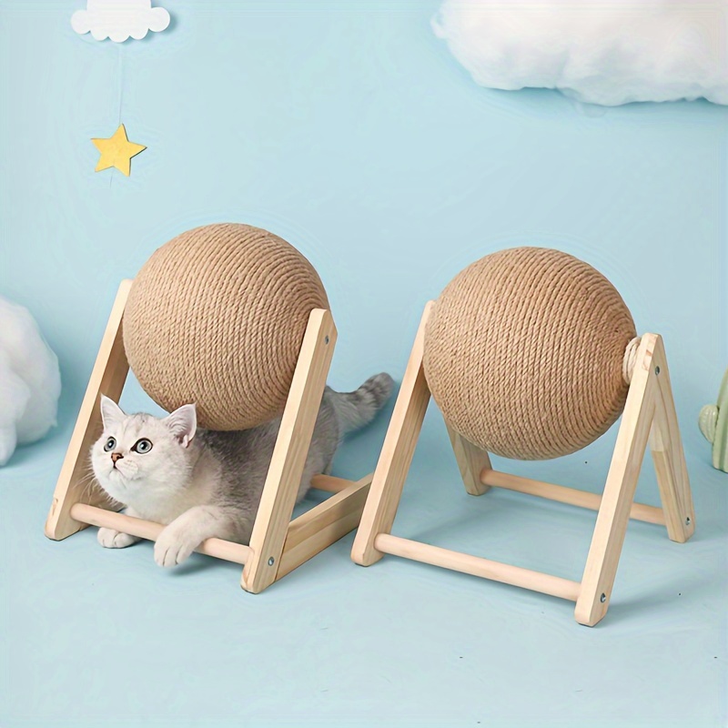 

1pc Premium Sisal Rope Cat Scratching Ball With Interactive Bell & Random Feather, Durable Wooden Stand Pet Toy For Indoor Cats