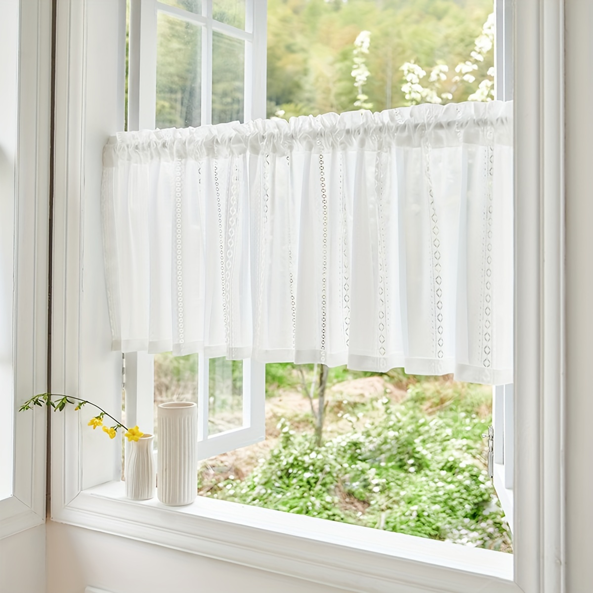 Cortina corta para ventana pequeña, 2 paneles, blanco, gris, algodón, lino,  margaritas, flores, tratamiento de ventana, cortinas de media cortina para
