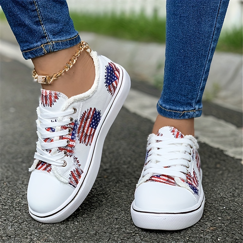 Zapatillas Casuales con Estampado Floral de Americana Patriótica  Zapatos Bajos Transpirables con Cordones y Punta Redonda
