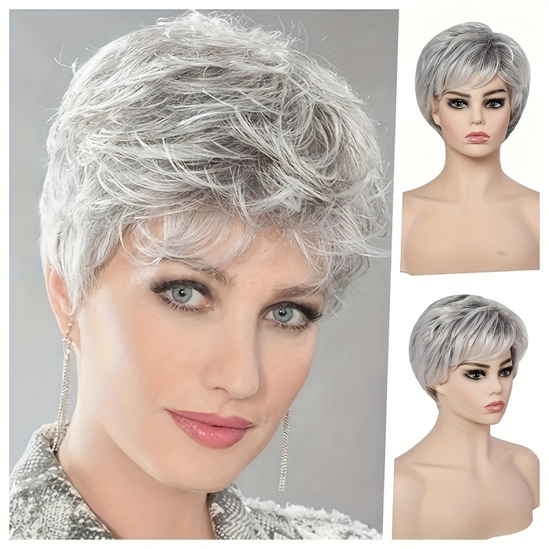  Gray Wig for Women, Elegant Fluffy Silver Gray Pixie Cut Wig  Natural Appearance Thickened Mixed Curly Hair Wig Suitable for Daily Party  Use for Middle-Aged and Elderly People A Good Gift
