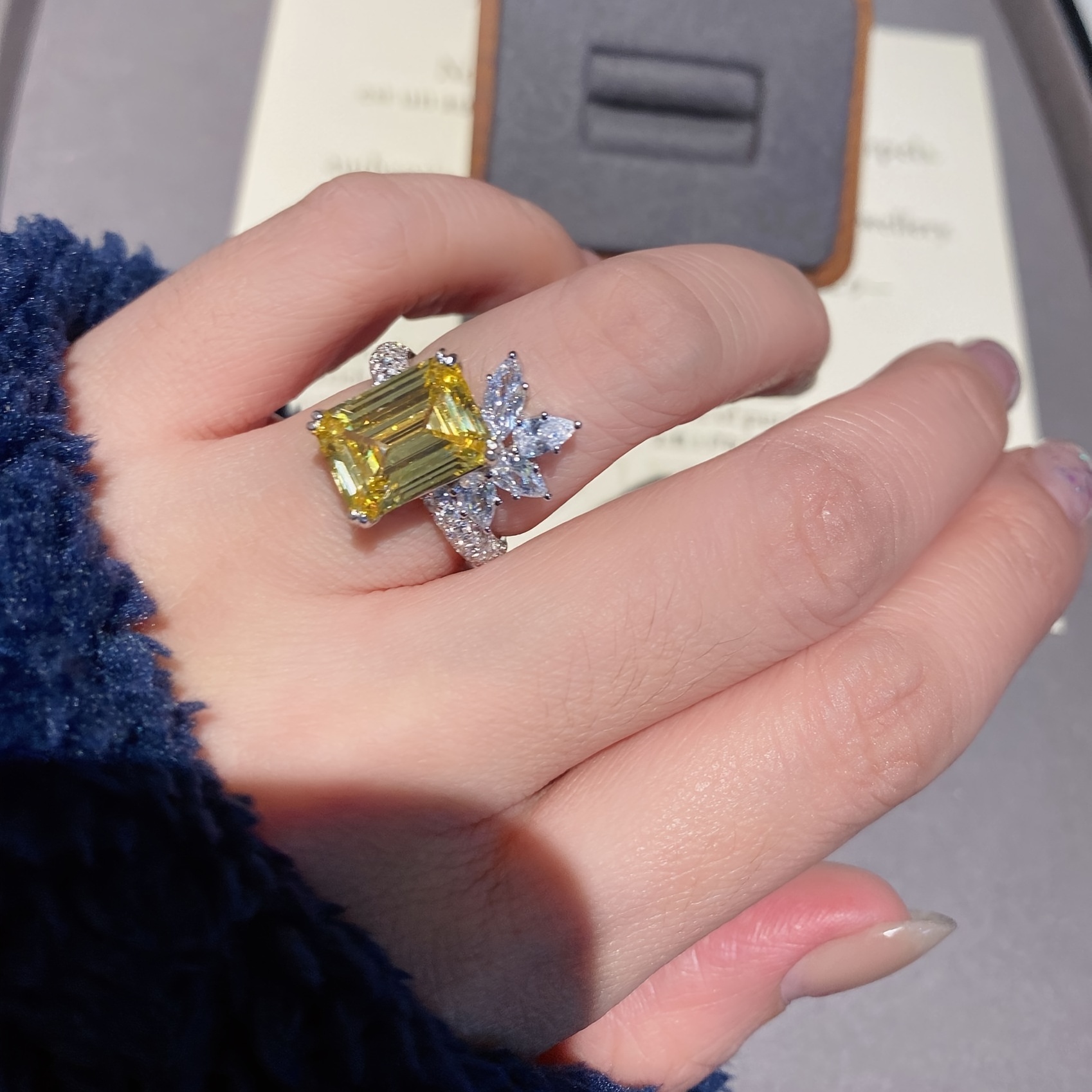Yellow Square Zircon Ring, Glitter Finger Ring