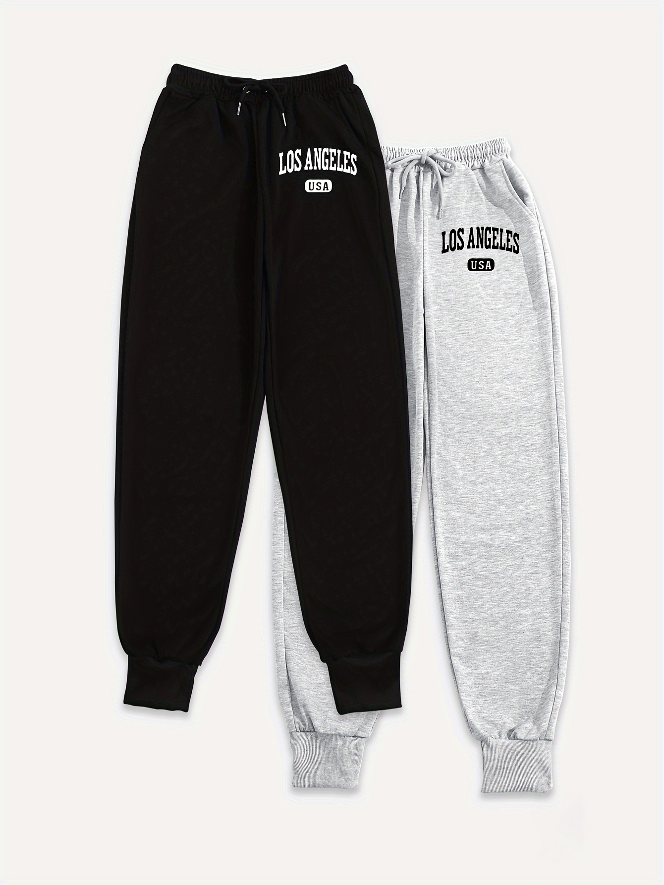   womens casual pants los angeles est 1986 letter print drawstring waist pockets black gray     leisurewear relaxed fit pants  