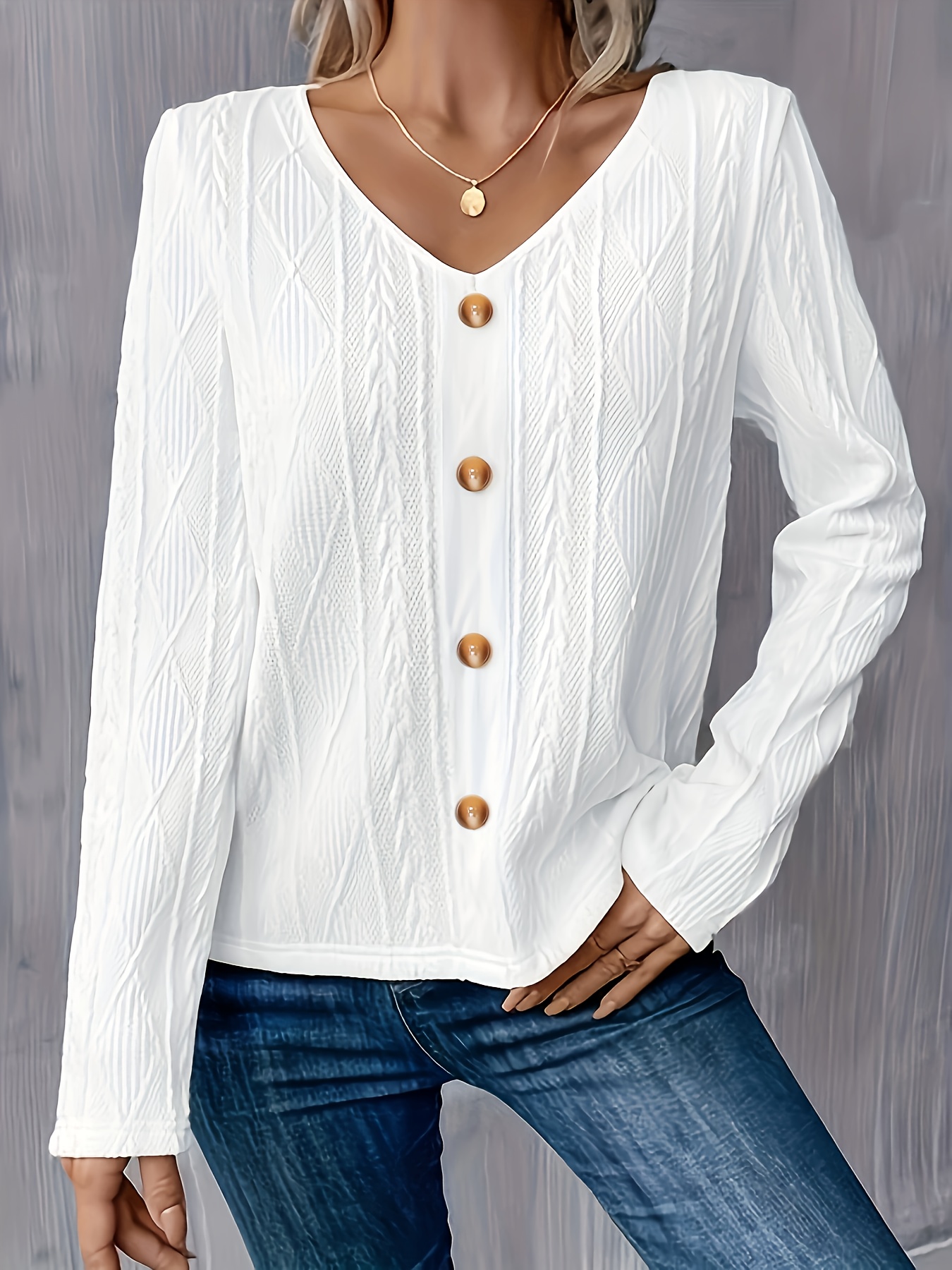 Solid V neck Fake Buttons Long Sleeve T shirt Casual Autumn - Temu