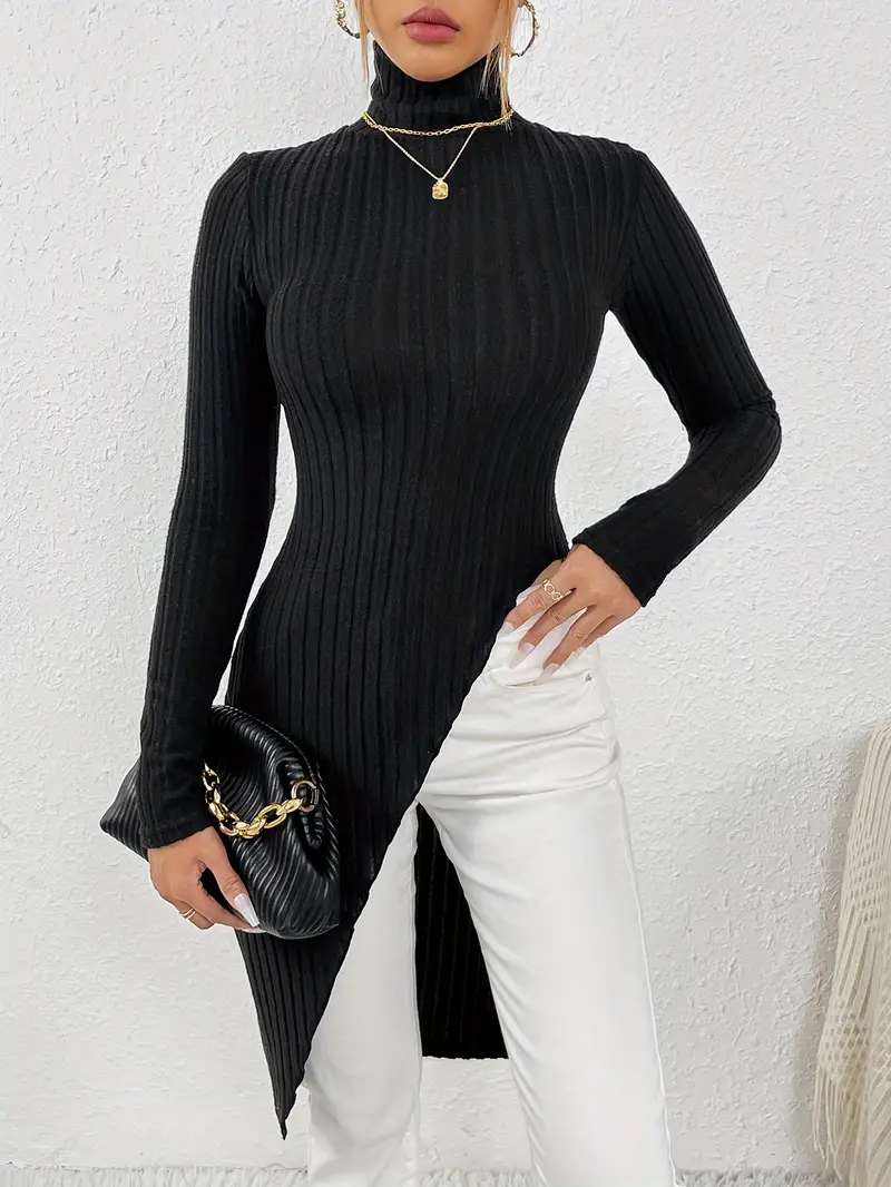 Ribbed Split Solid Top Casual High Neck Long Sleeve Top - Temu