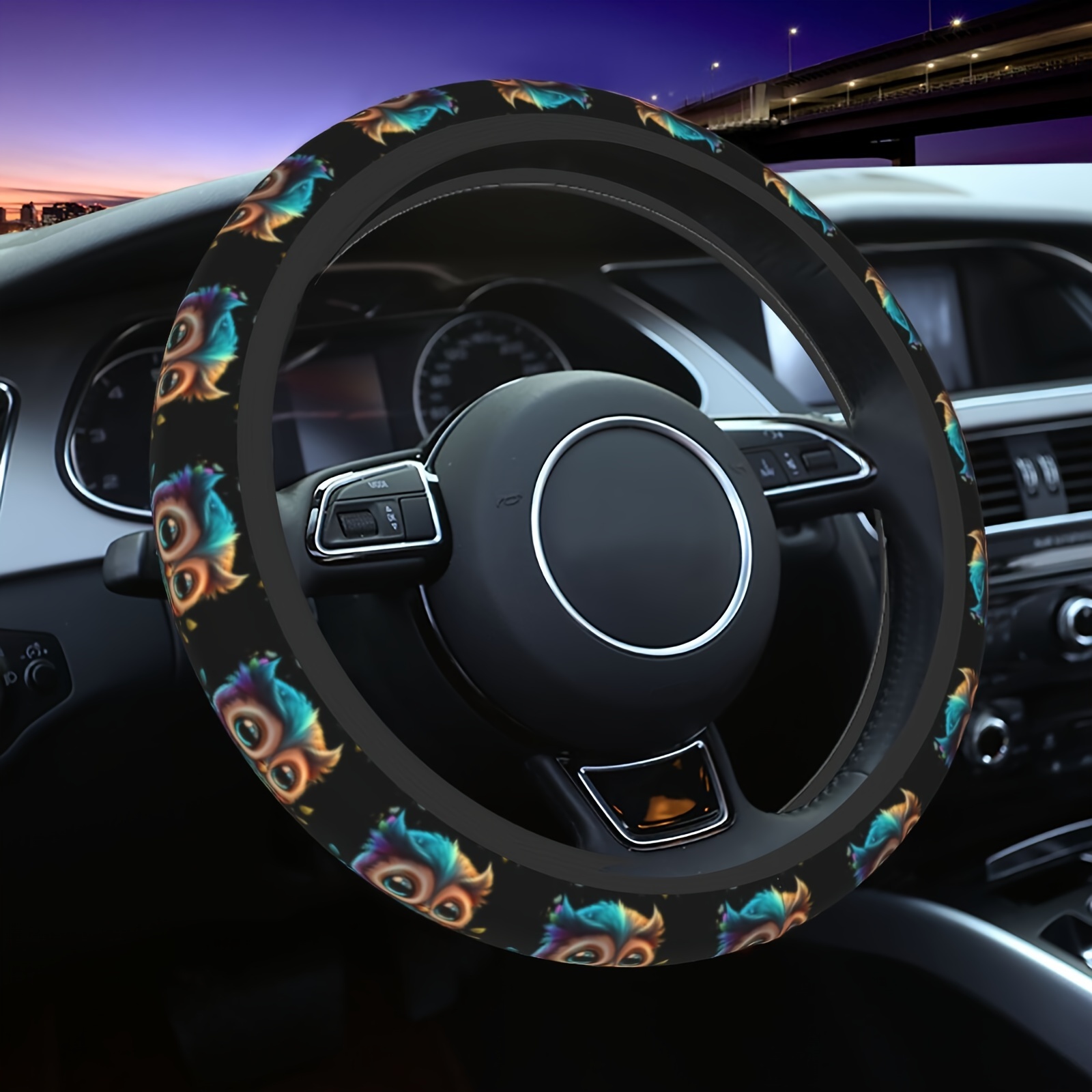 

1pc Colorful Owl Elastic Stretch Steering Wheel Cover, Universal Car Accessories For Men Women, Without Inner Ring, Anti-slip Steering Wheel Protector