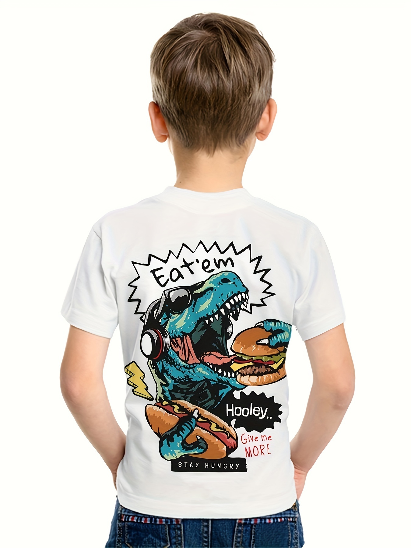 Boys Teen Cute Dinosaur Eating Hamburger Print Graphic Crew Neck T-shirt  Clothes For Summer Kids Clothes