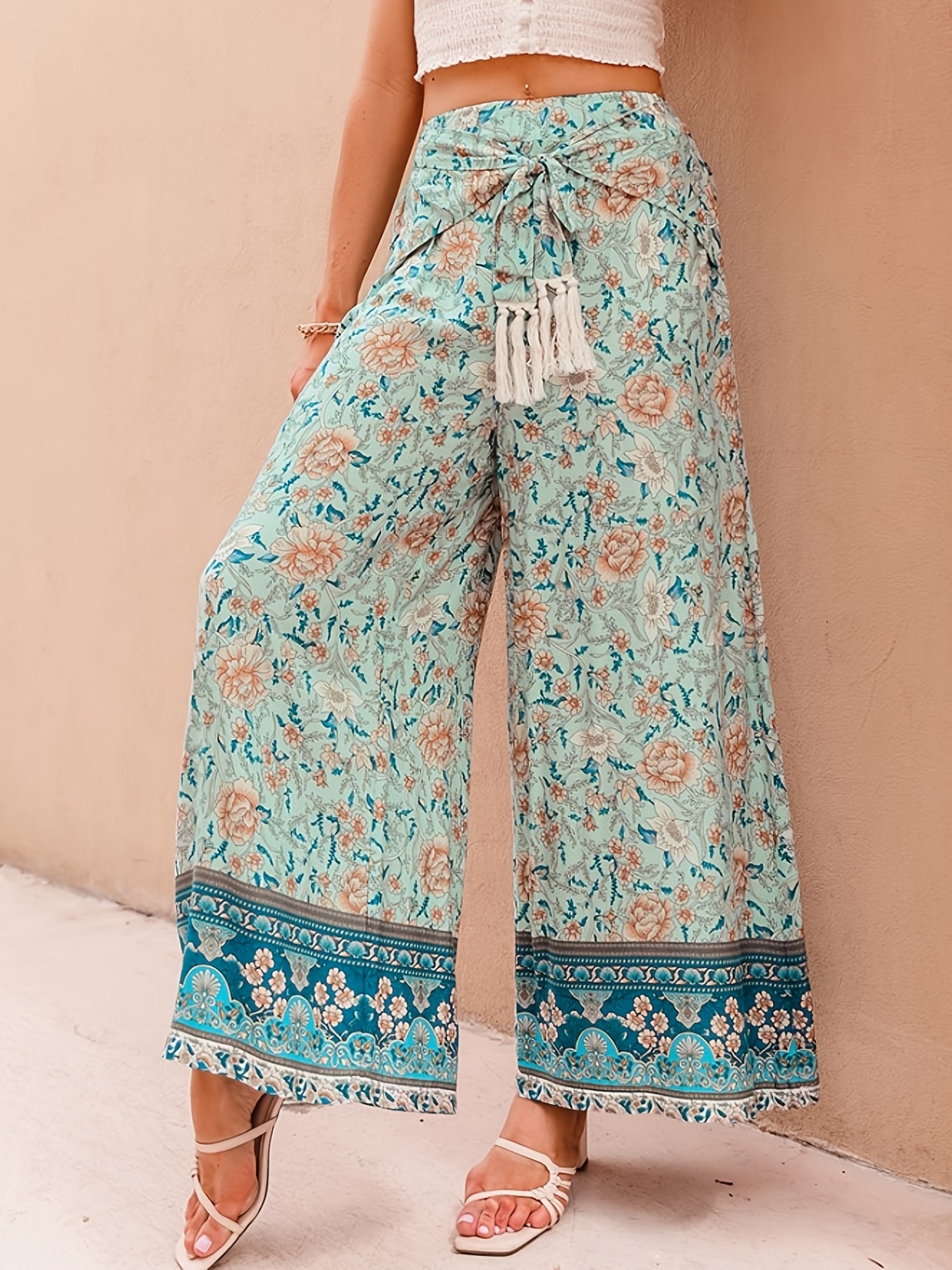 Tropical Print Wide Leg Pants, Casual Beach Wear Tie Waist Pants For Spring  & Summer, Women's Clothing