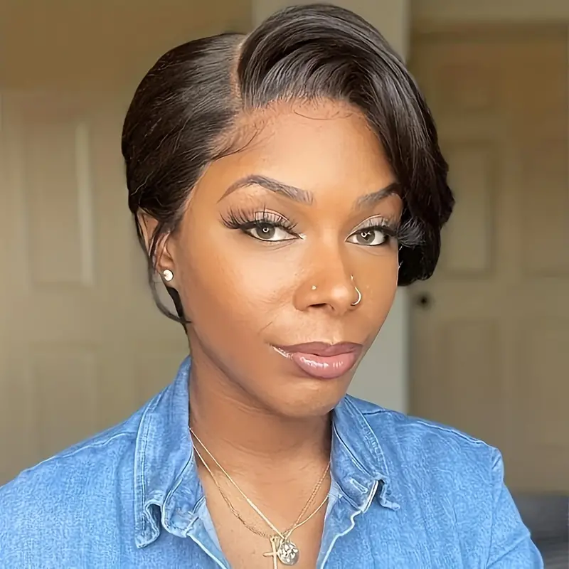 Sleek and Stylish 13x1 Lace Front Human Hair Pixie Cut Wig with T Part -  Perfect for Short Hair Styles and Side Parting