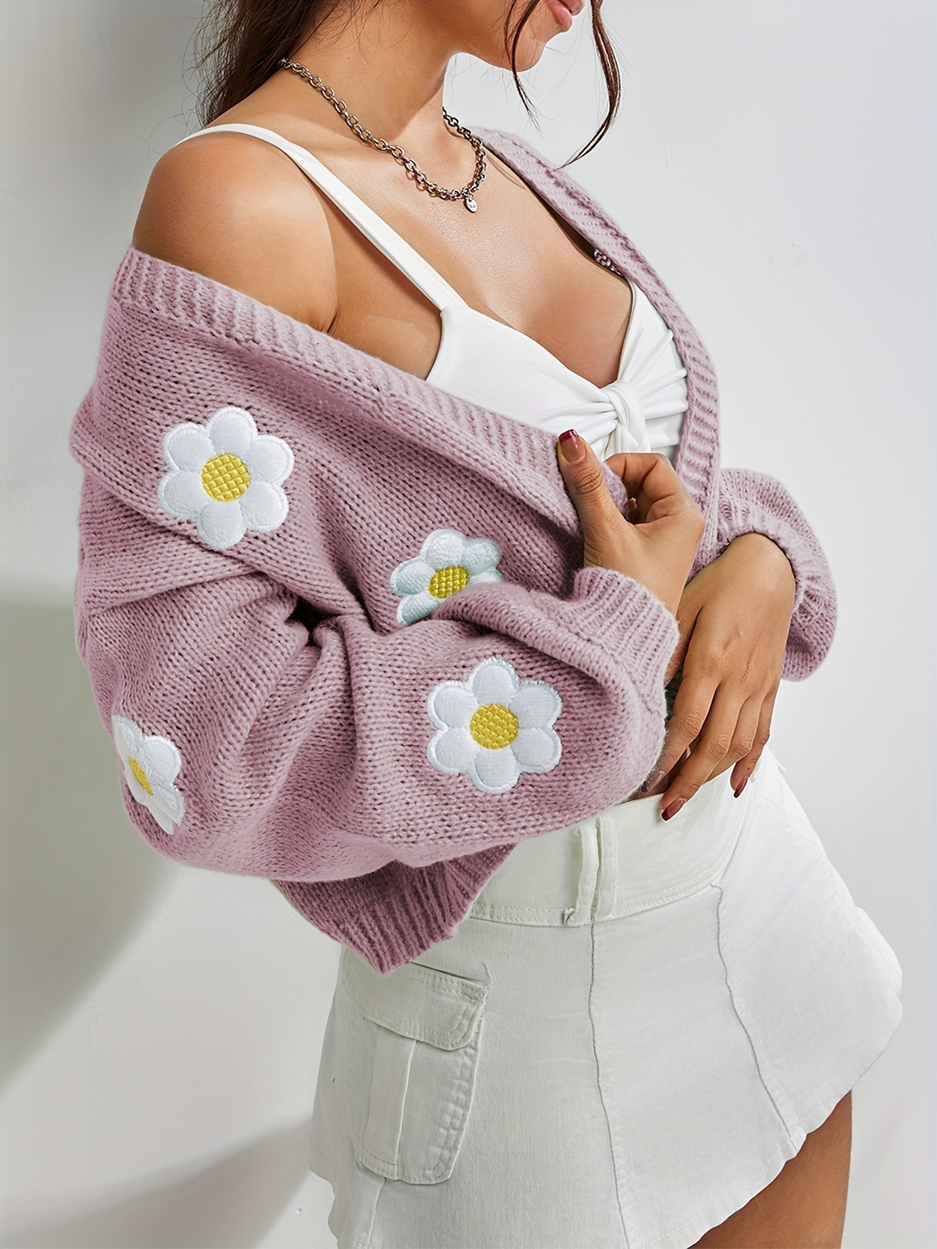 Y2k Floral Pattern Knit Cardigan Open Front Long Sleeve - Temu