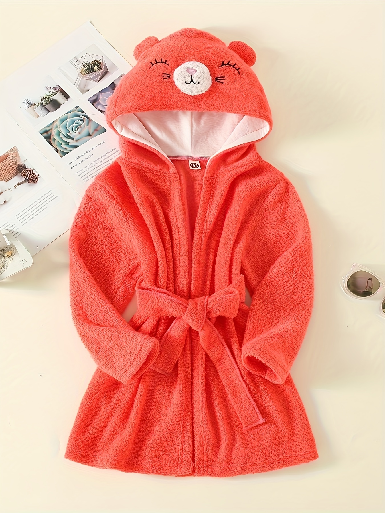 Kid's Hooded Flannel Bathrobe Cartoon Pattern Pj Comfy Coral - Temu