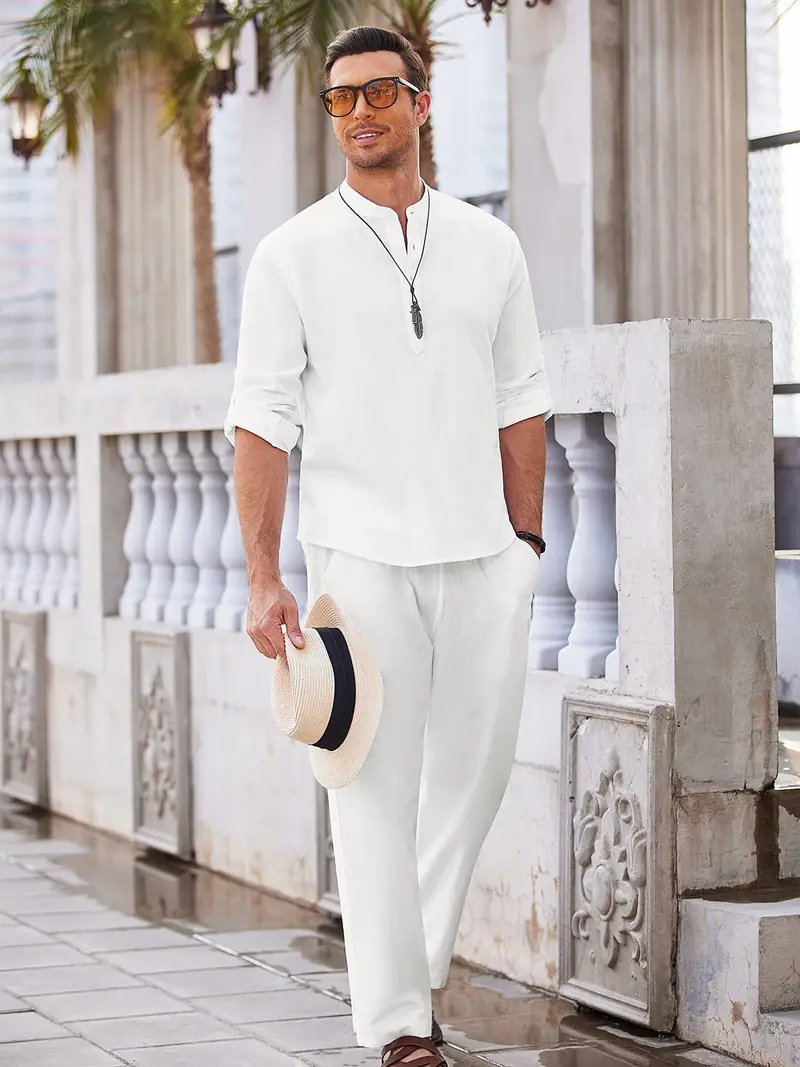 Cotton Linen Blend Retro Elegant Men's Outfits Casual V Neck - Temu Canada