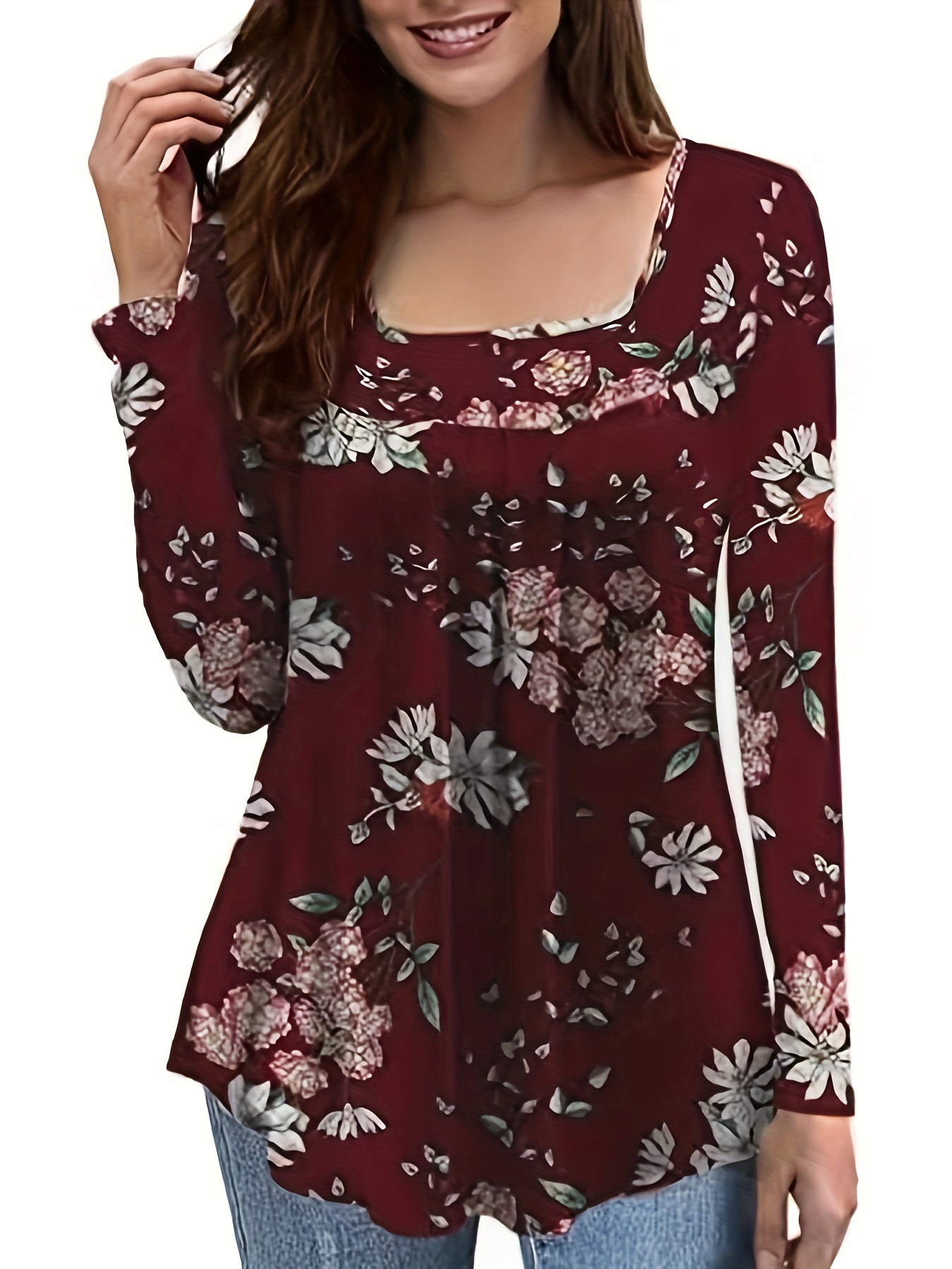 Plus Size Casual Top Women's Plus Floral Print Long Sleeve - Temu