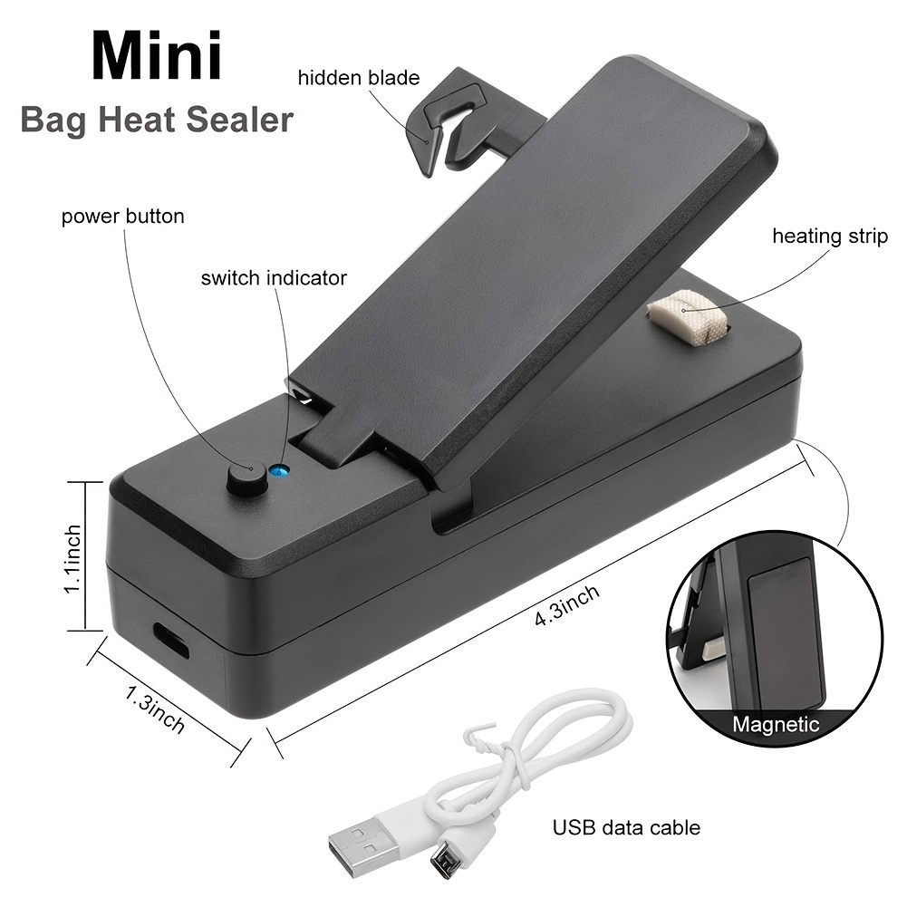 Bag Sealer Mini, 3 in 1 Mini Bag Sealer Heat Seal with Cutter & Magnet,  Rechargeable