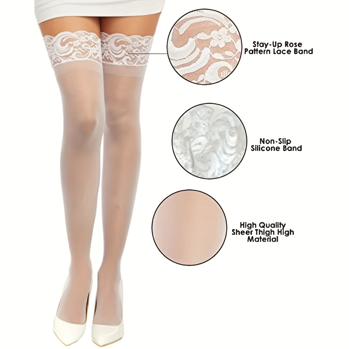 Women's Plus Size Sheer Black Thigh High Stockings with Garter Belt and  Comfort Lace Top Anti-Slip Elastic Band