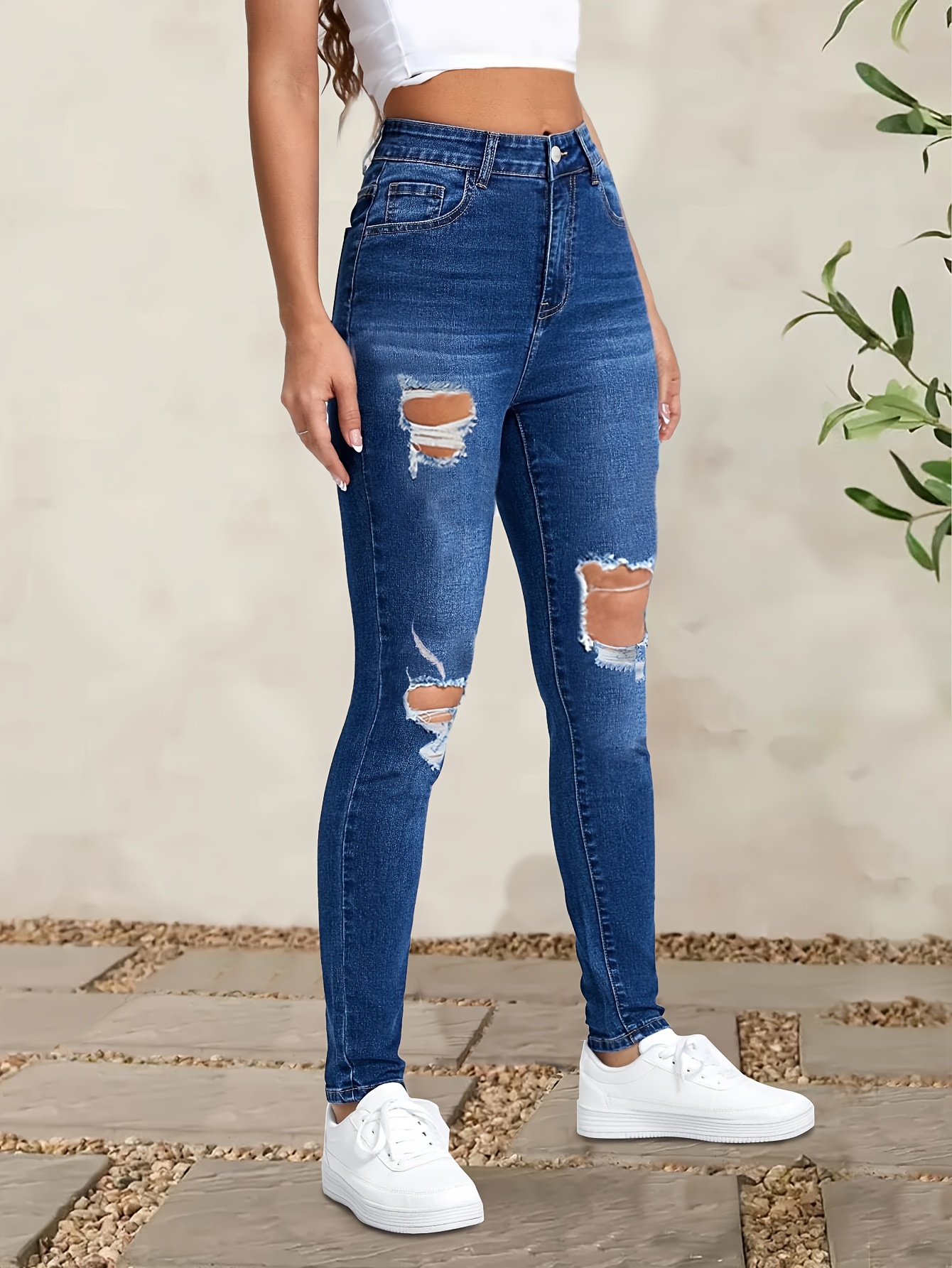 Jeans Ajustados De Moda Con Agujeros Rasgados, Pantalones De Mezclilla  Casuales Lavados De Estiramiento Medio, Jeans Y Ropa De Mezclilla Para Mujer