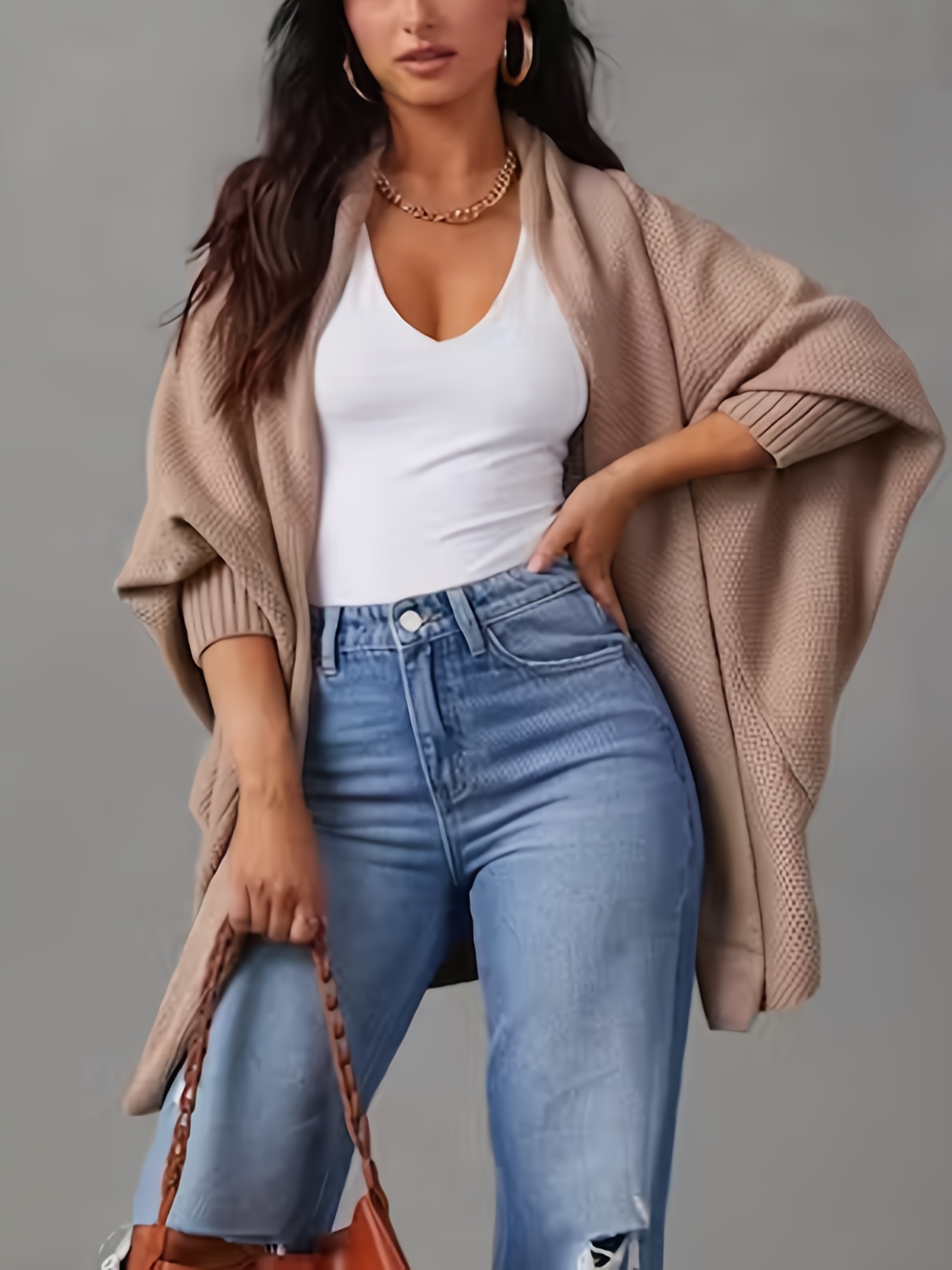 Solid Open Front Knit Cardigan Casual Batwing Sleeve - Temu